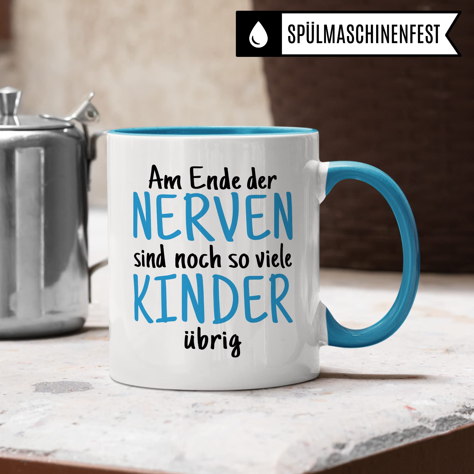 Tasse Eltern Geschenk, Am Ende der Nerven sind noch so viele Kinder über Geschenkidee Kaffeetasse Kaffee-Becher Tasse mit Spruch lustig Witztasse Mama Papa