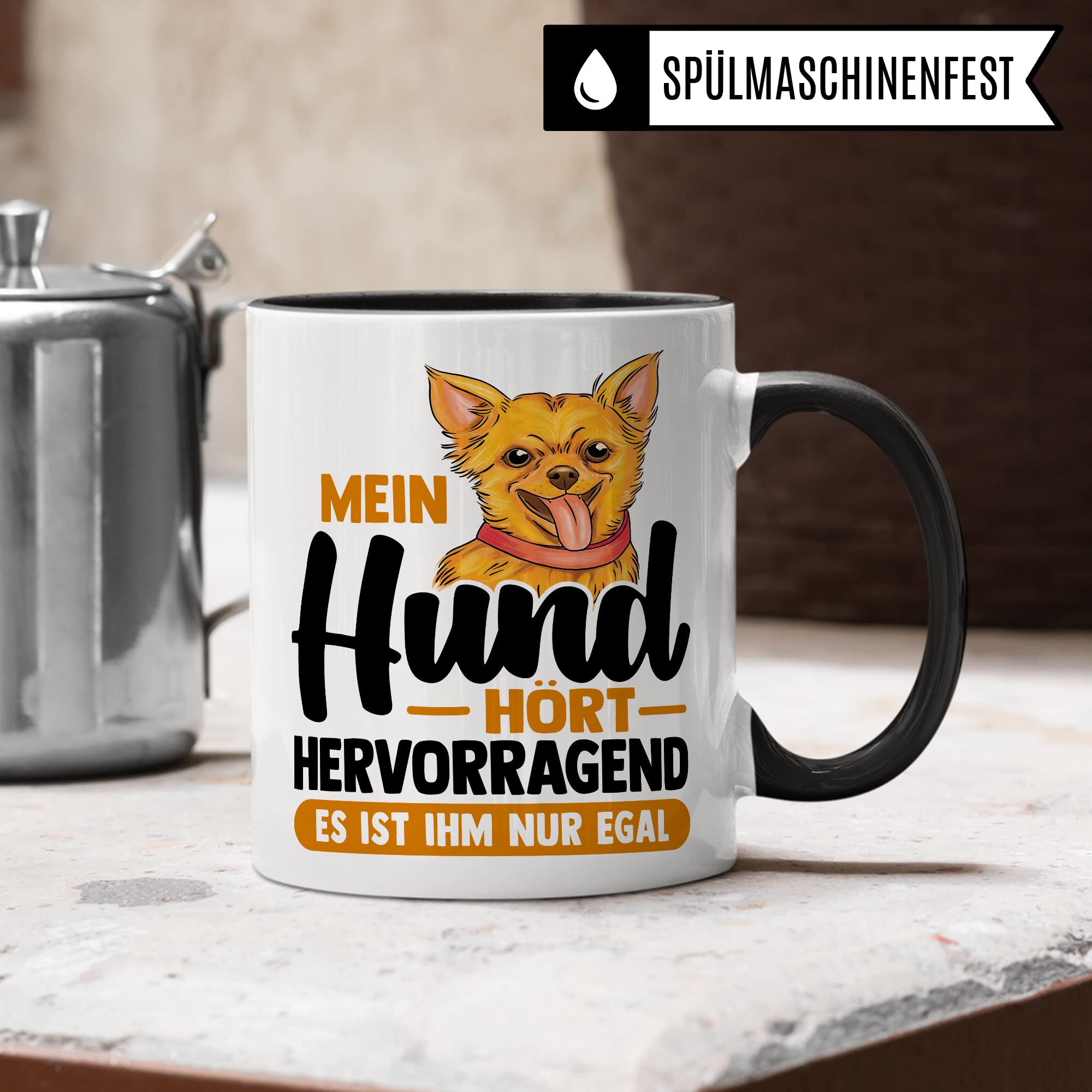 Tasse Hund Geschenk, Mein Hund hört hervorragend es ist ihm nur egal Geschenkidee Hundehalter Kaffee-Becher Kaffeetasse mit Spruch lustig Hundebesitzer Teetasse Herrchen