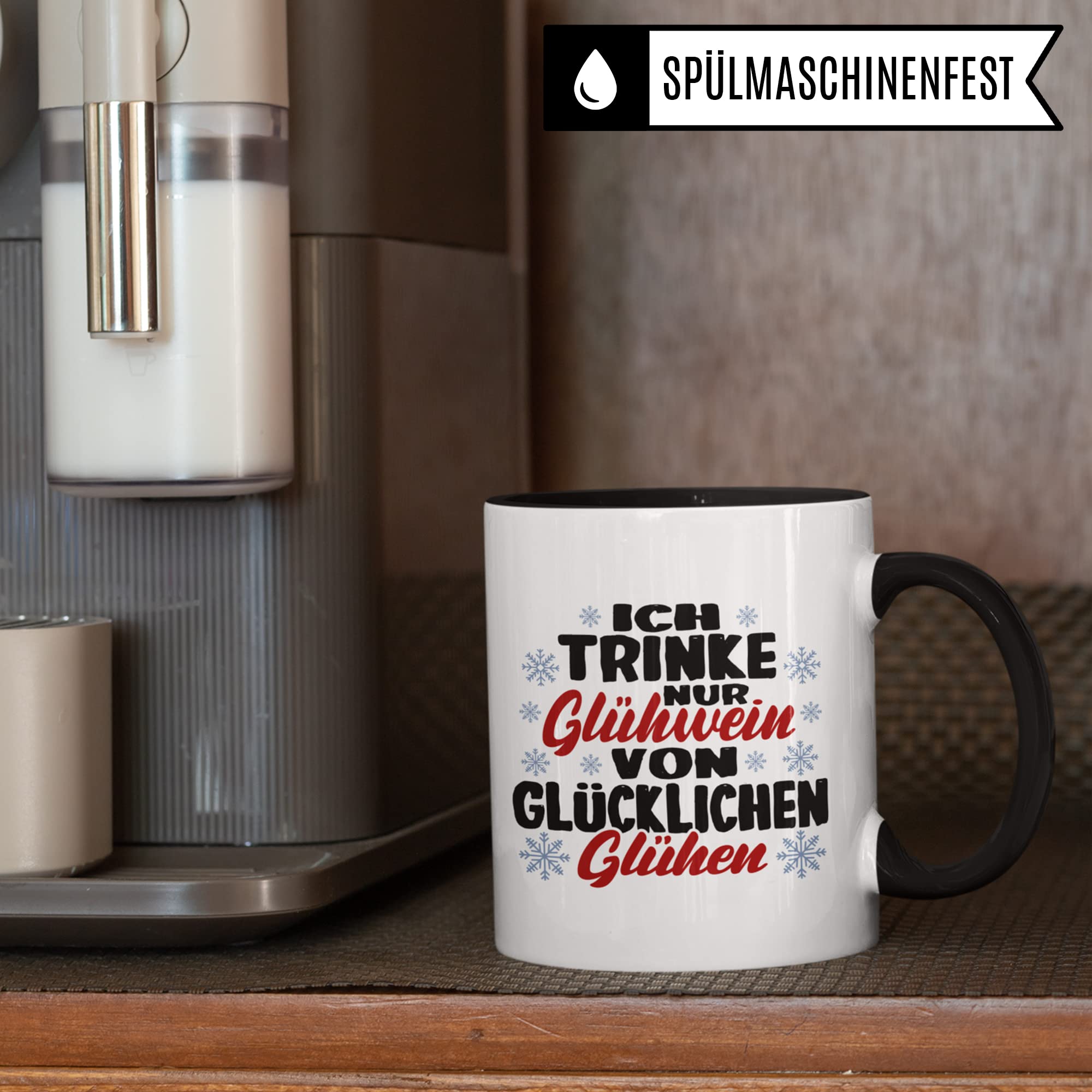 Tasse mit Spruch: "Glühwein von glücklichen Glühen" Geschenk Weihnachten Winter Glühwein-Becher Geschenkidee Punsch lustig