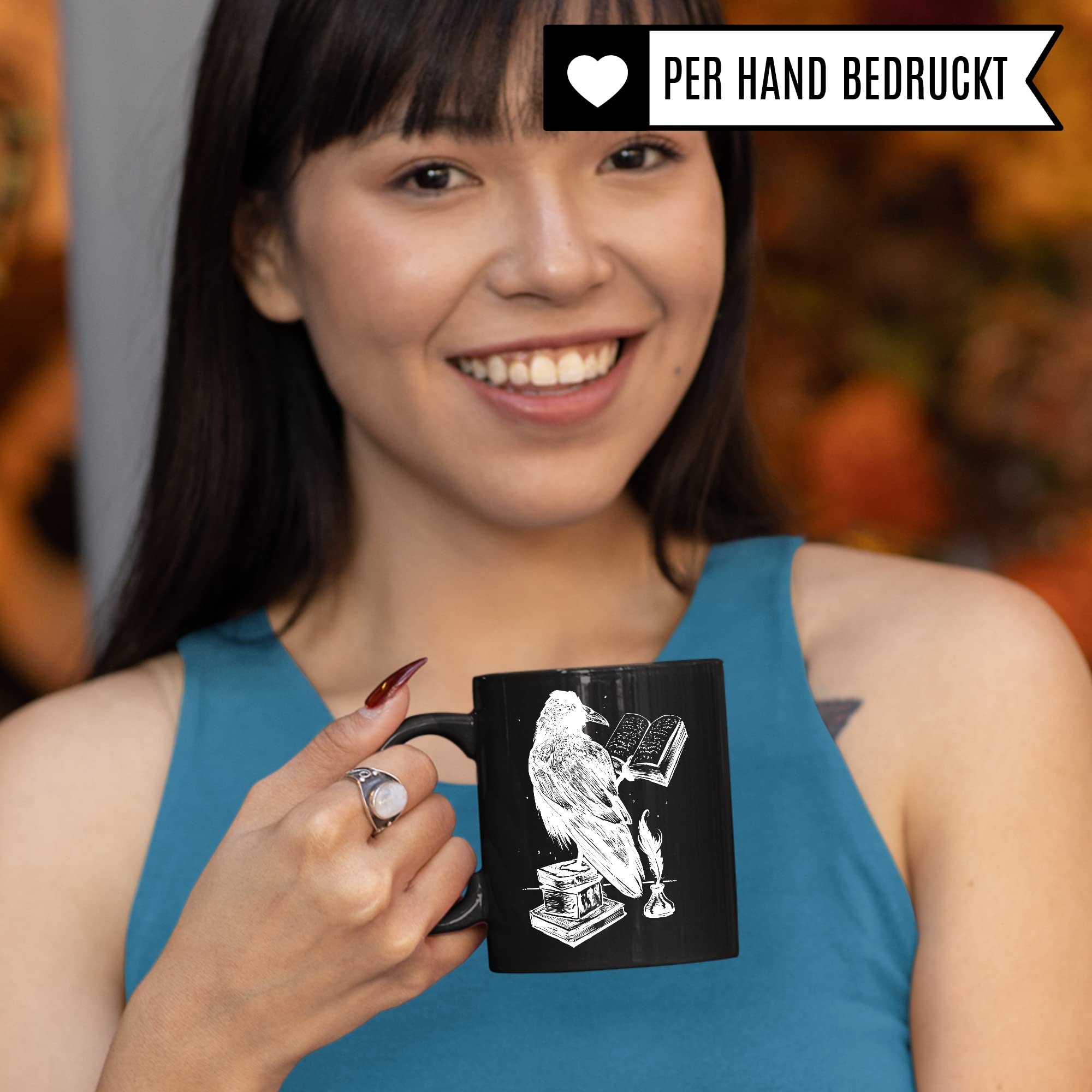 Bücher Tasse Raben Kaffeetasse Geschenk Bücherwurm Lesen Kaffee-Becher Leseratte Teetasse Geschenk Buch Bücherfan Geschenkidee Fantasy