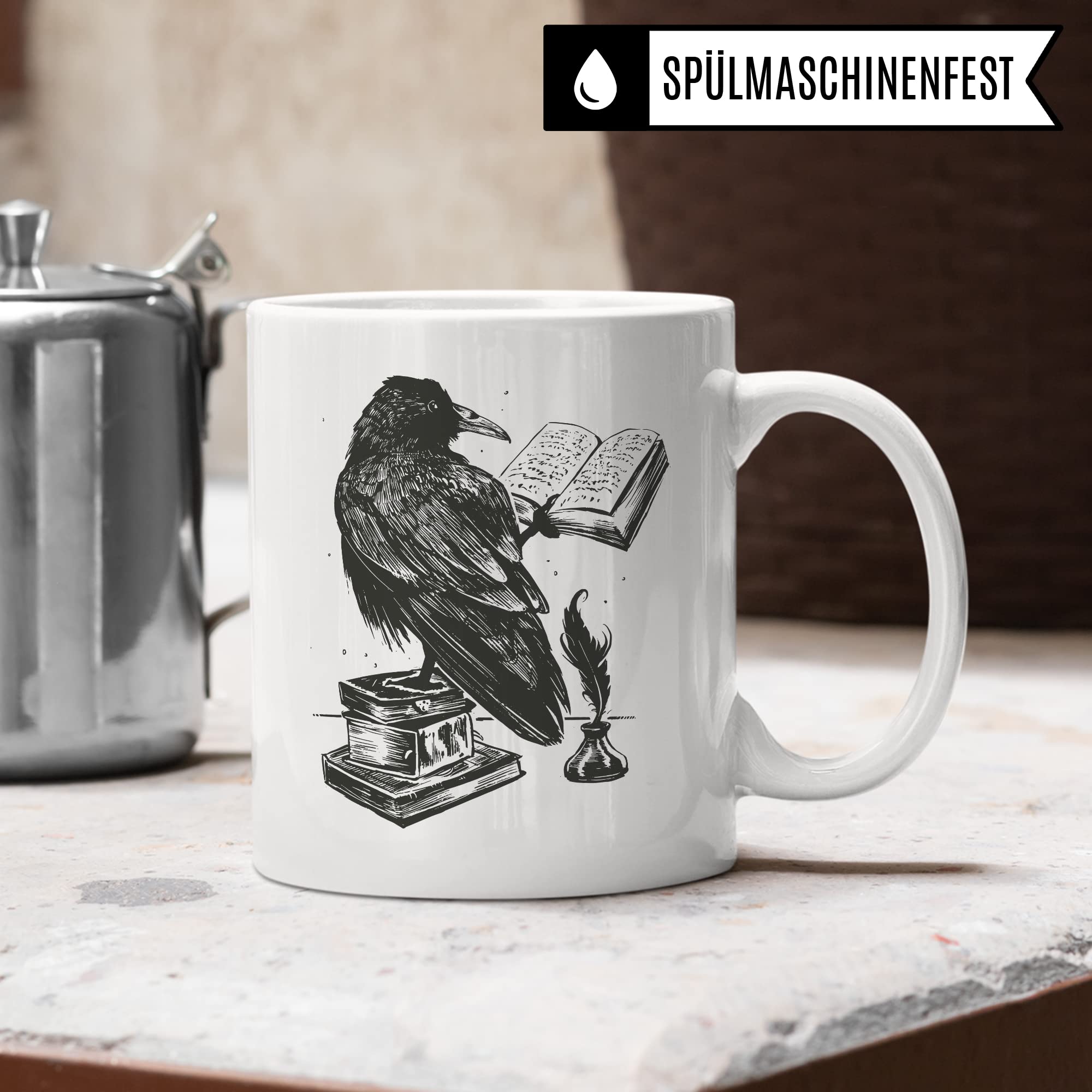 Bücher Tasse Raben Kaffeetasse Geschenk Bücherwurm Lesen Kaffee-Becher Leseratte Teetasse Geschenk Buch Bücherfan Geschenkidee Fantasy