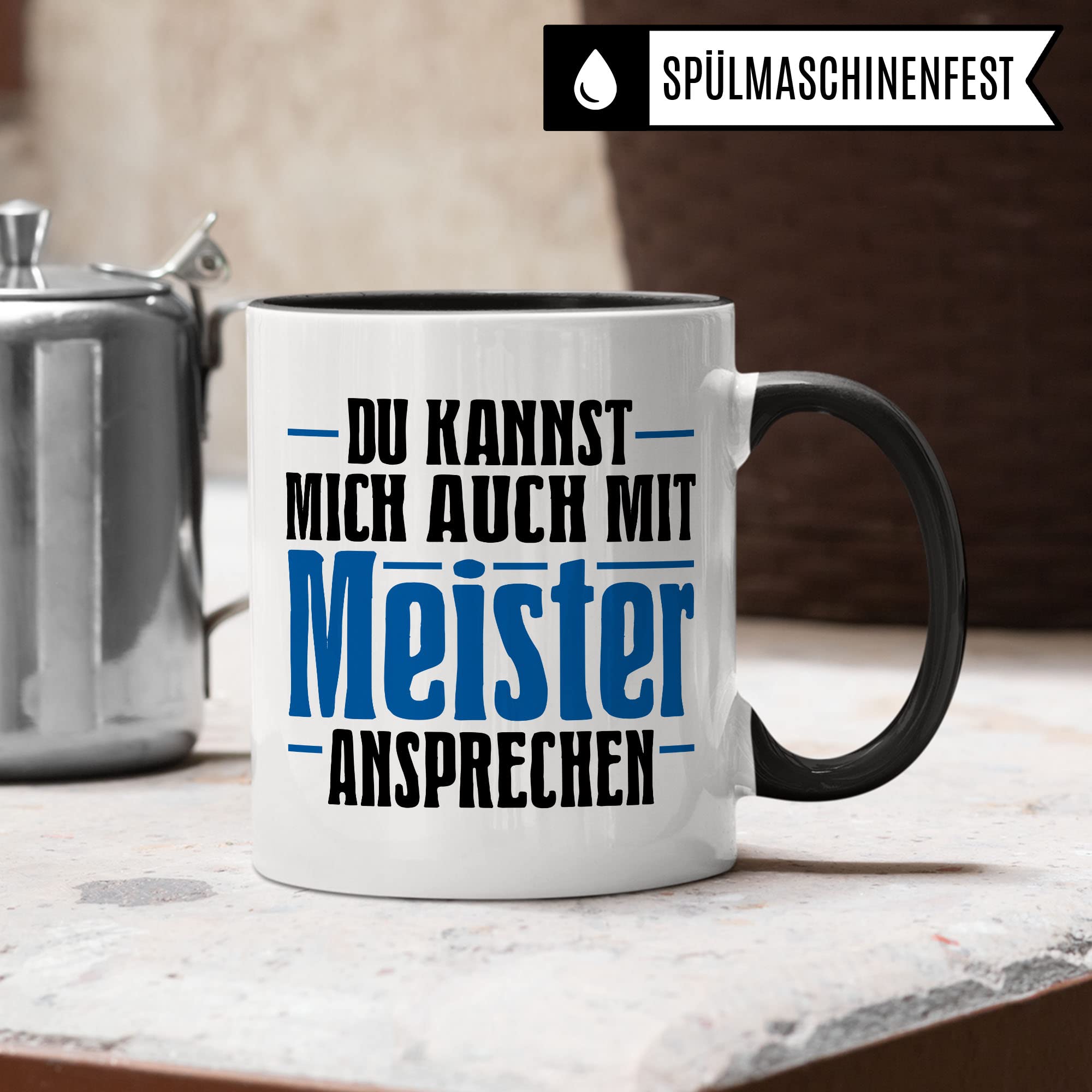 Meister Tasse Handwerksmeister Kfz Bestanden Meister-Prüfung Geschenk Kaffeetasse Humor Witz Geschenkidee für Meisterlehre Industriemeister Handwerker Kaffee-Becher