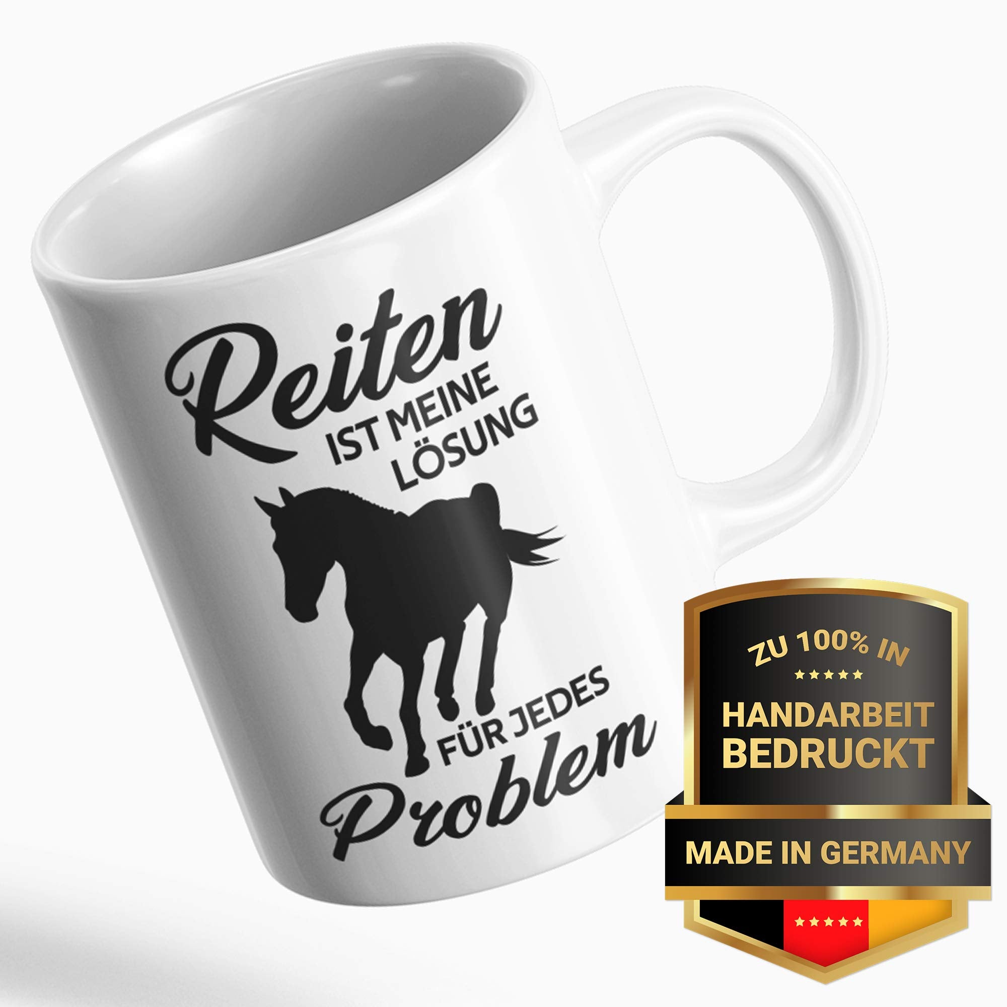 Reiten Geschenk lustig, Reiterin Spruch Becher Geschenkidee, Kaffeetasse Reiter Pferd Reitsport, Mädchen Frauen Männer Kaffeebecher (Weiß/Weiß)