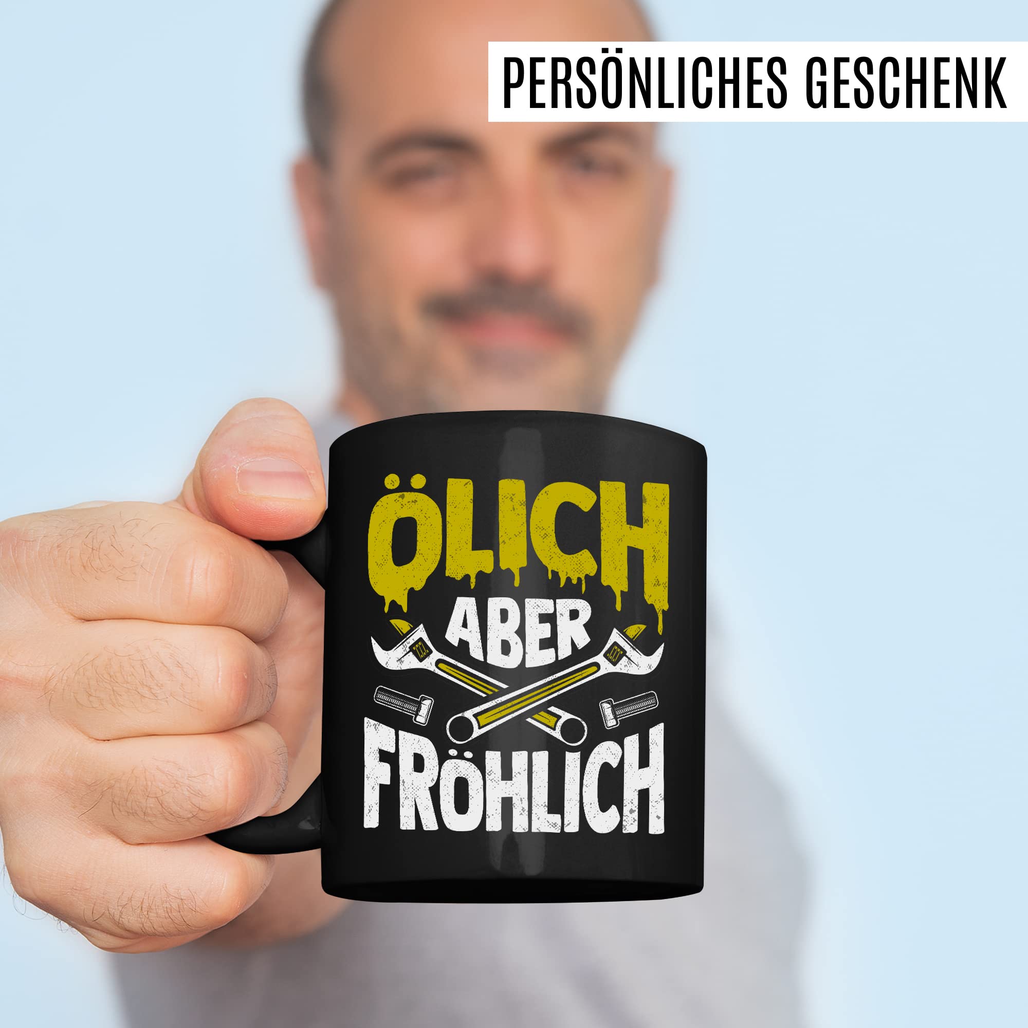 Tasse Mechatroniker Geschenk, Ölich aber Fröhlich Geschenkidee KFZ-Mechatroniker Kaffee-Becher Kaffeetasse Tasse mit Spruch lustig Mechaniker Schrauber Teetasse