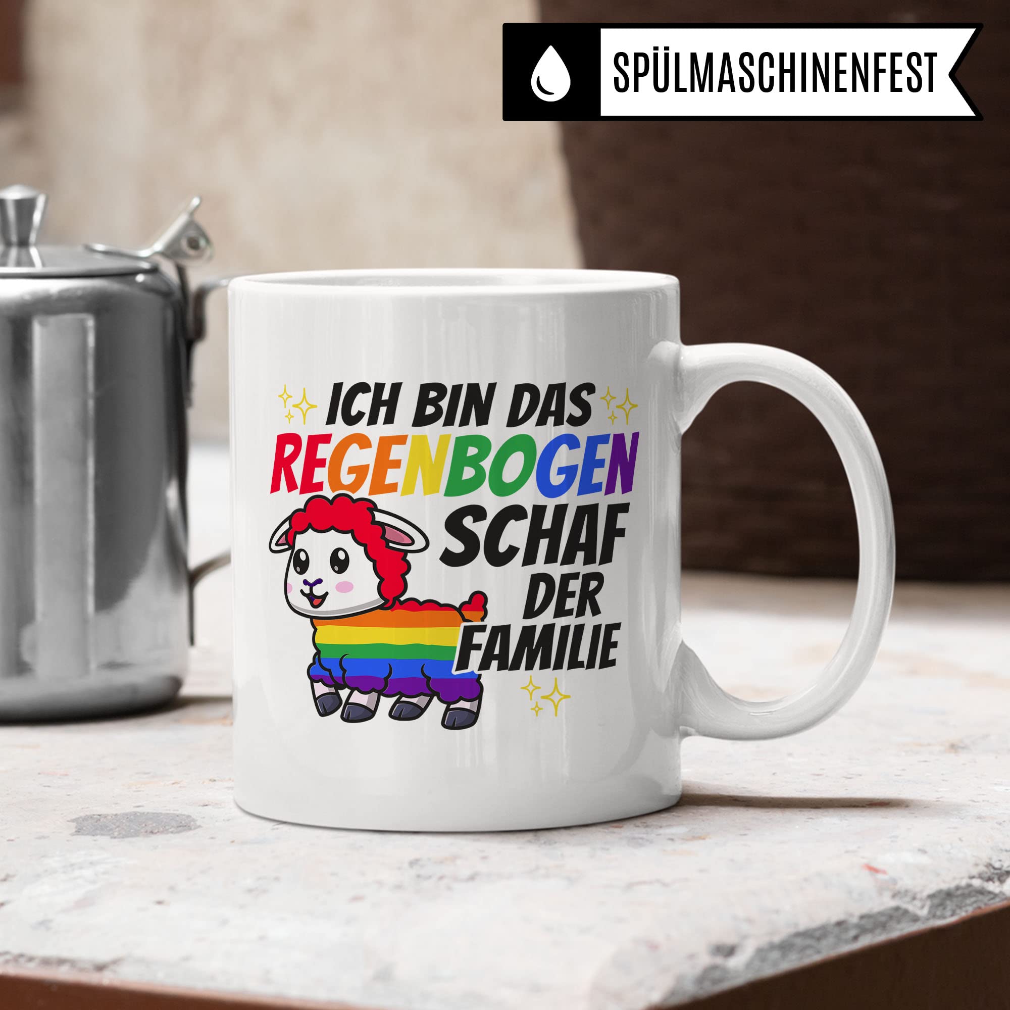 LGBTQI+ Tasse, Ich bin das Regenbogen Schaf der Familie, Gay Pride Geschenk Spruch lustig Motiv Geschenkidee Kaffeetasse outing LGBT queer schwul lesbisch Spruch