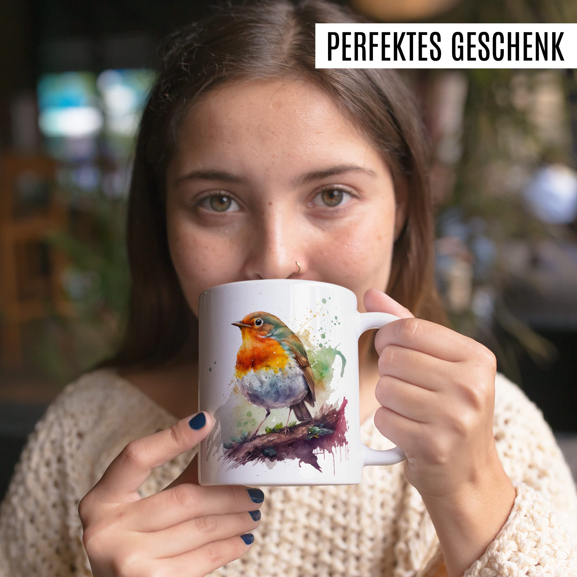 Rotkehlchen Tasse Wasserfarben Tier Geschenkidee Vogel Kaffeetasse Geschenk für Birdspotter Kaffeebecher Vögel Becher