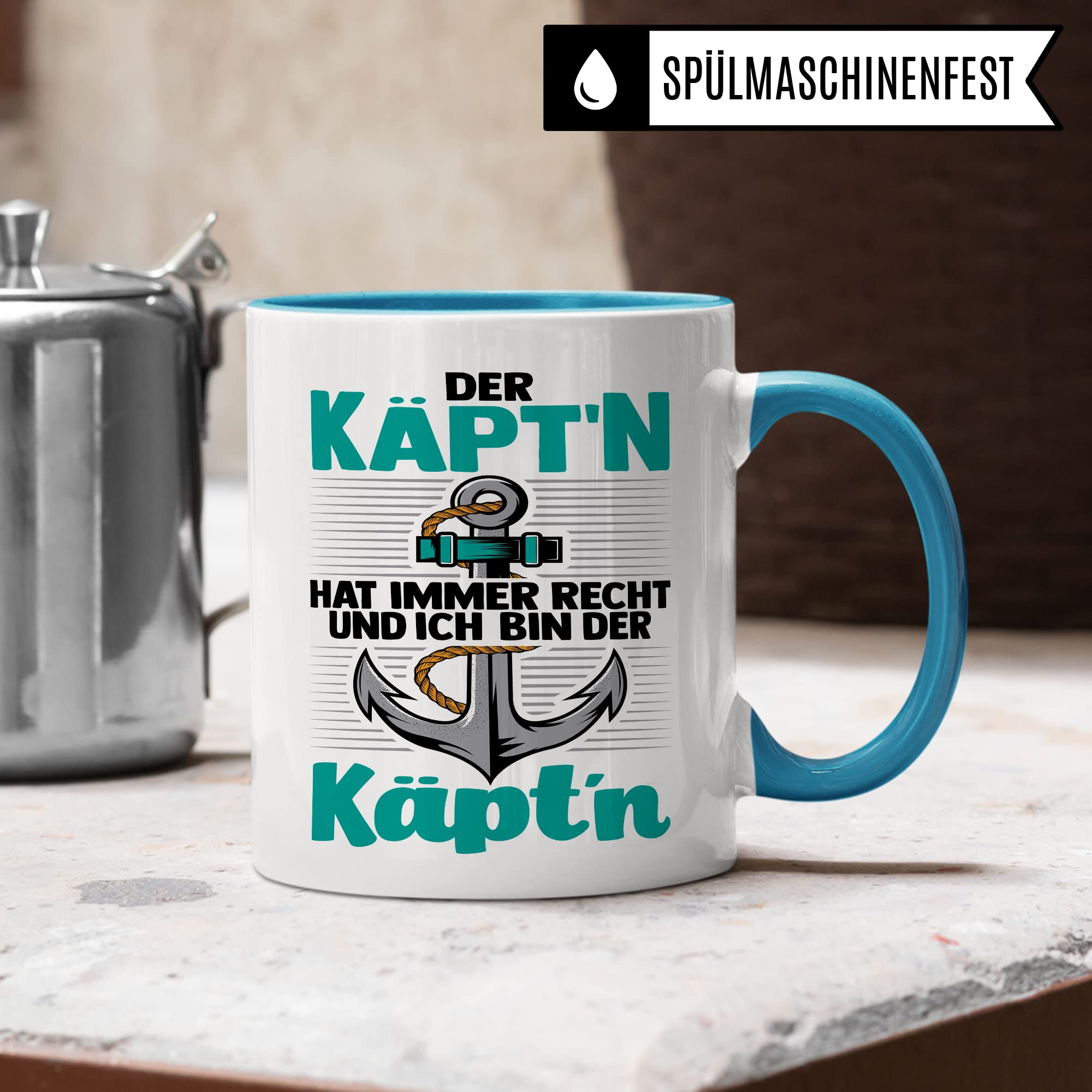 Kapitän Tasse, Der Käpt´n hat immer Recht und ich bin der Käpt´n Geschenk Kaffee-Becher Geschenkidee Bootliebhaber Kaffeetasse Bootbesitzer Tasse mit Spruch lustig Motiv