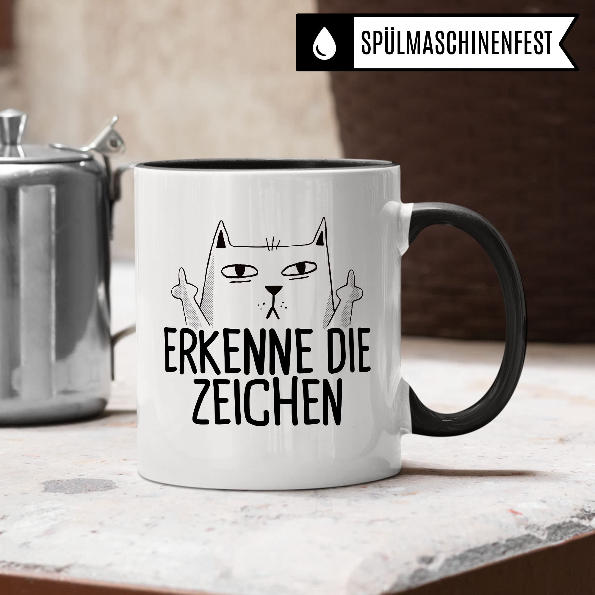 Tasse mit Katzen Motiv "Erkenne die Zeichen" mit Mittelfinger Comic - Kaffeetasse als lustiges Geschenk