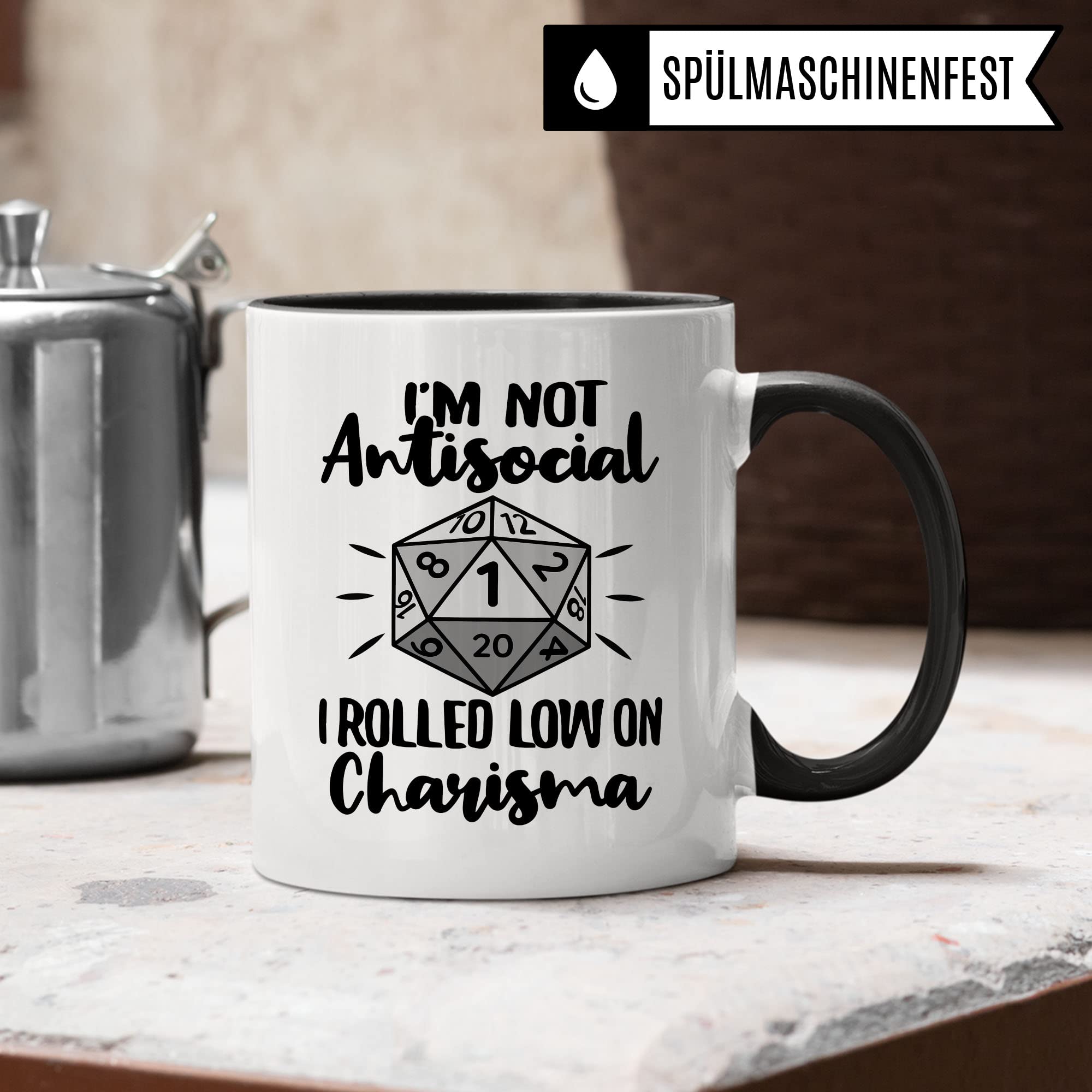 DnD Roleplay Tasse, I'm not Antisocial - I rolled low on Charisma Spruch, Geschenk Rollenspiel Spruch D20 Dice, Pen & Paper Tabletop D20 Würfel Motiv Kaffee-Becher Geschenkidee