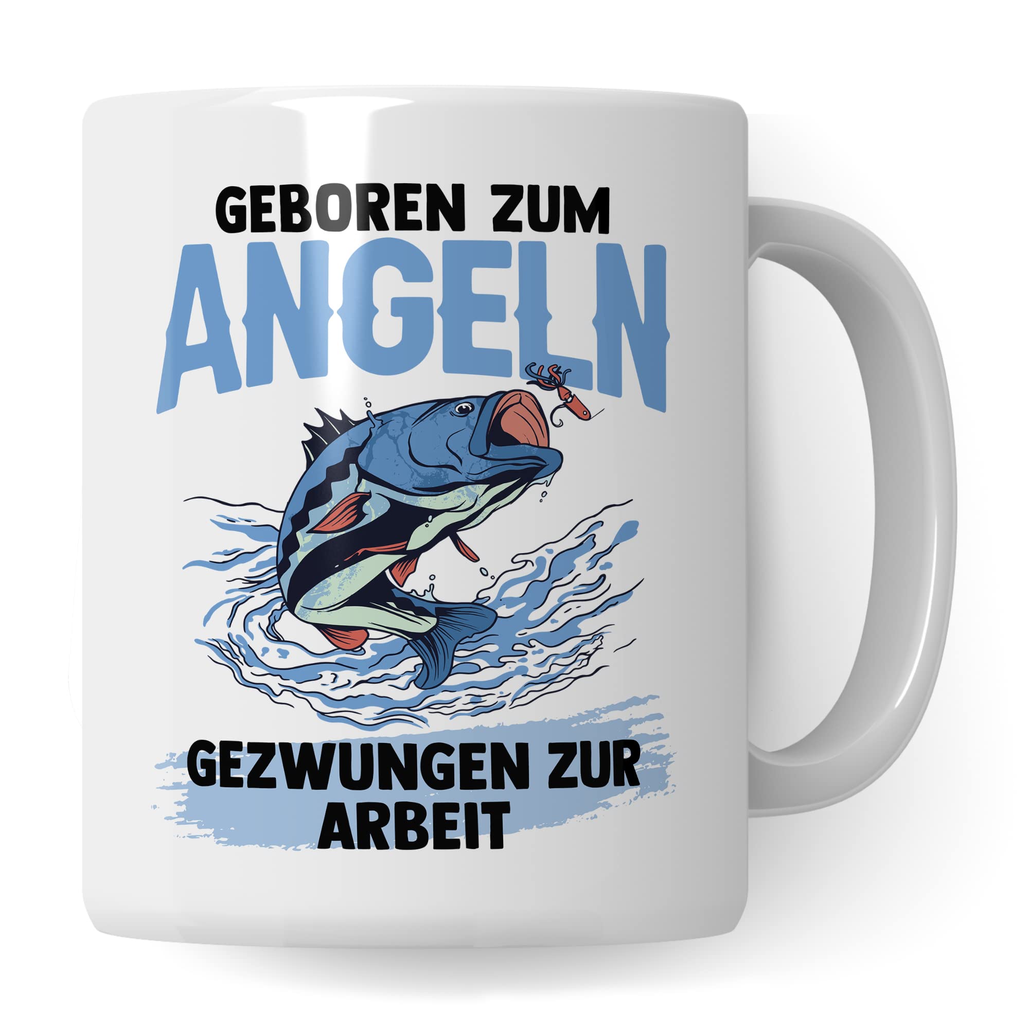 Tasse Angler, Geboren zum Angeln - Gezwungen zur Arbeit Geschenk Geschenkidee Fischer Bürogeschenk Kaffeetasse mit Spruch lustig Kaffee-Becher