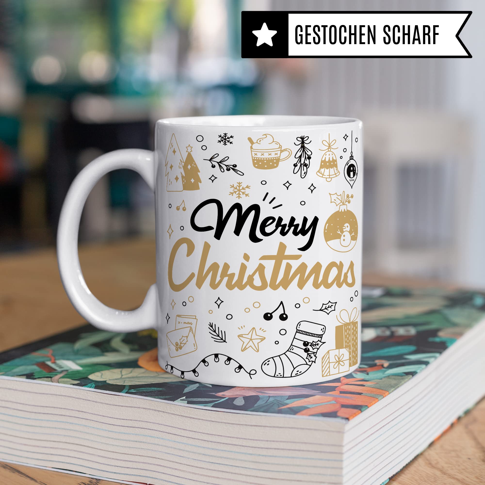 Merry Christmas Tasse Weihnachten Kaffeetasse xmas Geschenk Kollegen Geschenkidee Mama Advent Glühwein-Becher Tee Oma Deko Winter weihnachtlich Rot Gold Amerikanisch