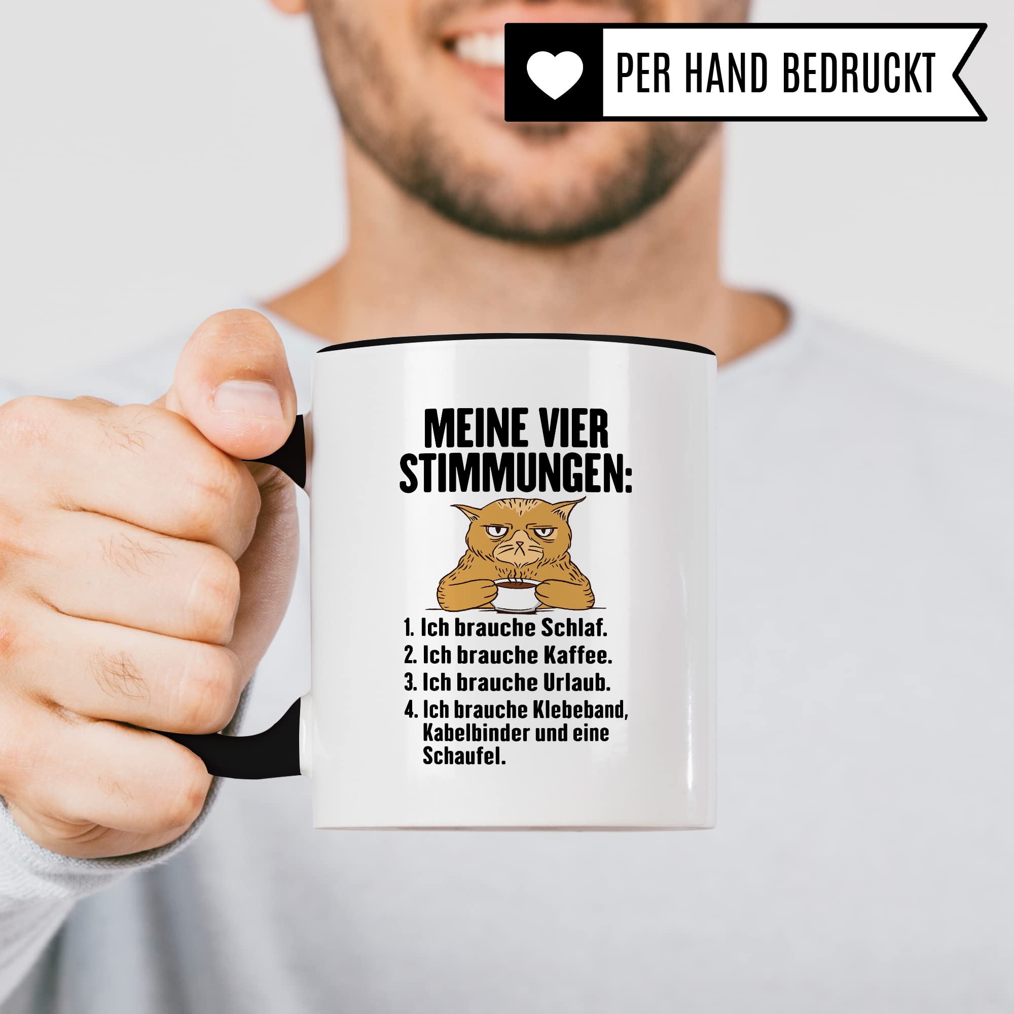 Tasse Humor Geschenk, Meine vier Stimmungen Kaffeetasse mit Spruch lustig Geschenkidee Kaffee-Becher Flachwitz humorvolle Teetasse Witzbold Humortasse