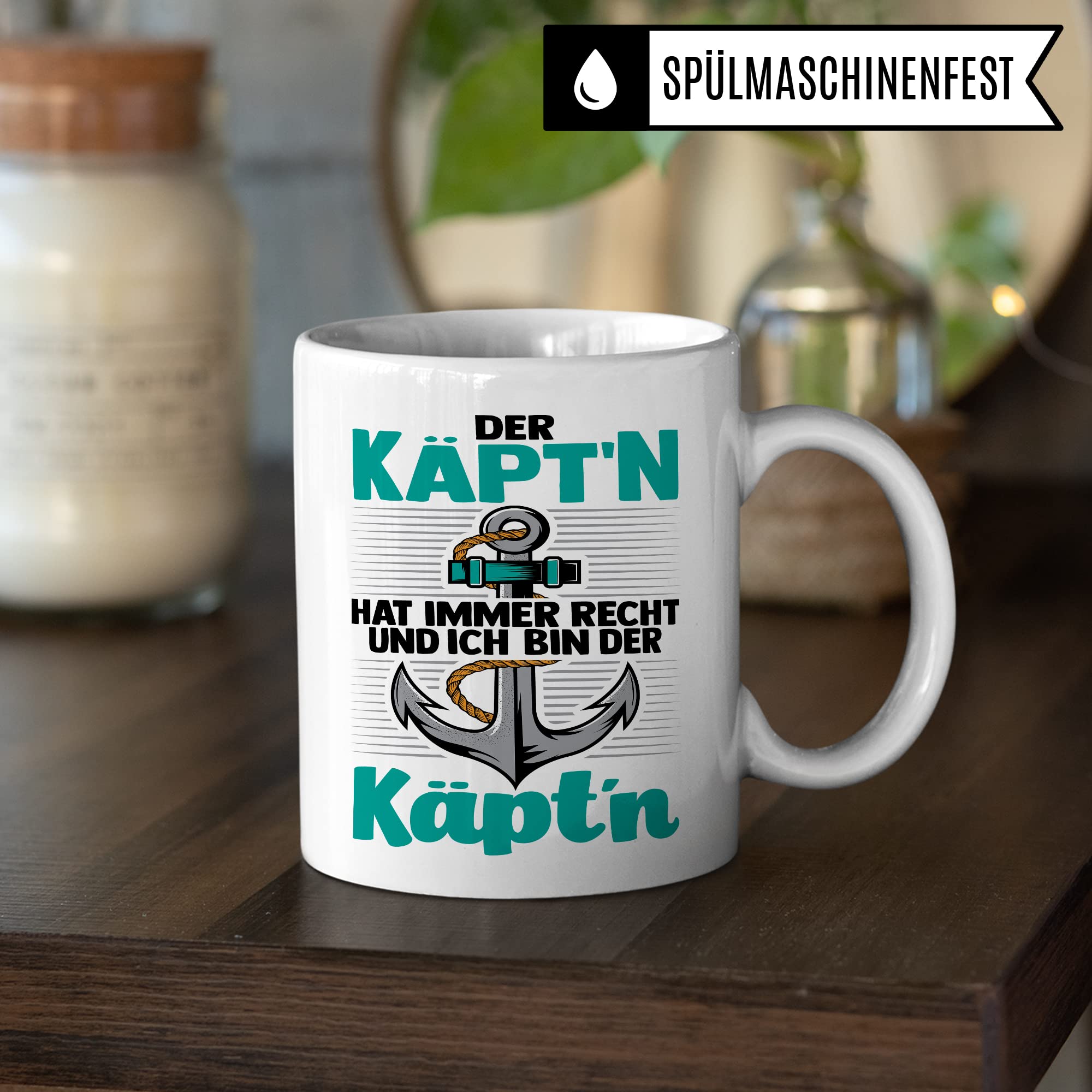 Kapitän Tasse, Der Käpt´n hat immer Recht und ich bin der Käpt´n Geschenk Kaffee-Becher Geschenkidee Bootliebhaber Kaffeetasse Bootbesitzer Tasse mit Spruch lustig Motiv