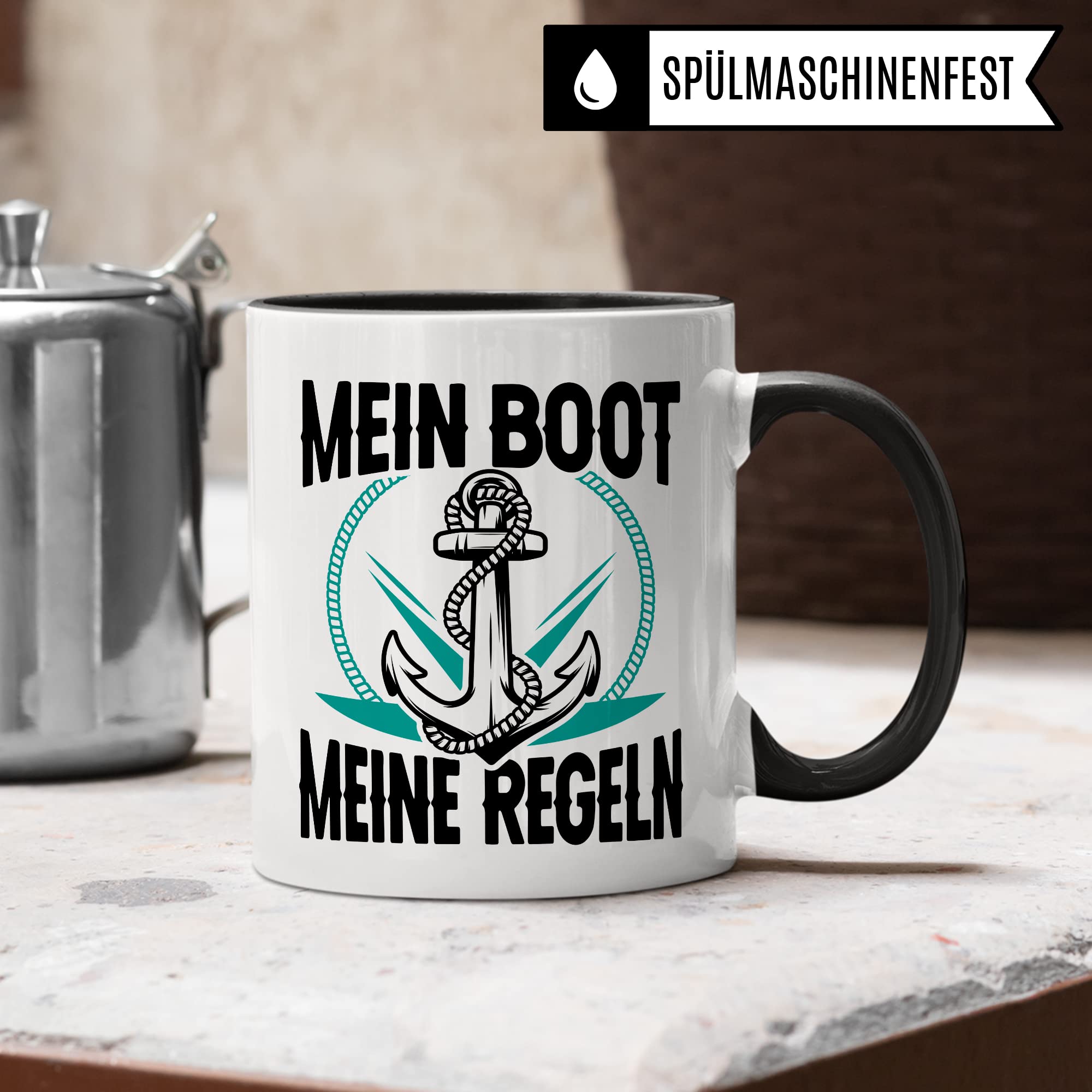 Tasse Kapitän, Mein Boot meine Regeln Geschenk Bootliebhaber Geschenkidee Bootbesitzer Kaffee-Becher Kaffeetasse mit Spruch lustig Teetasse Anker-Motiv