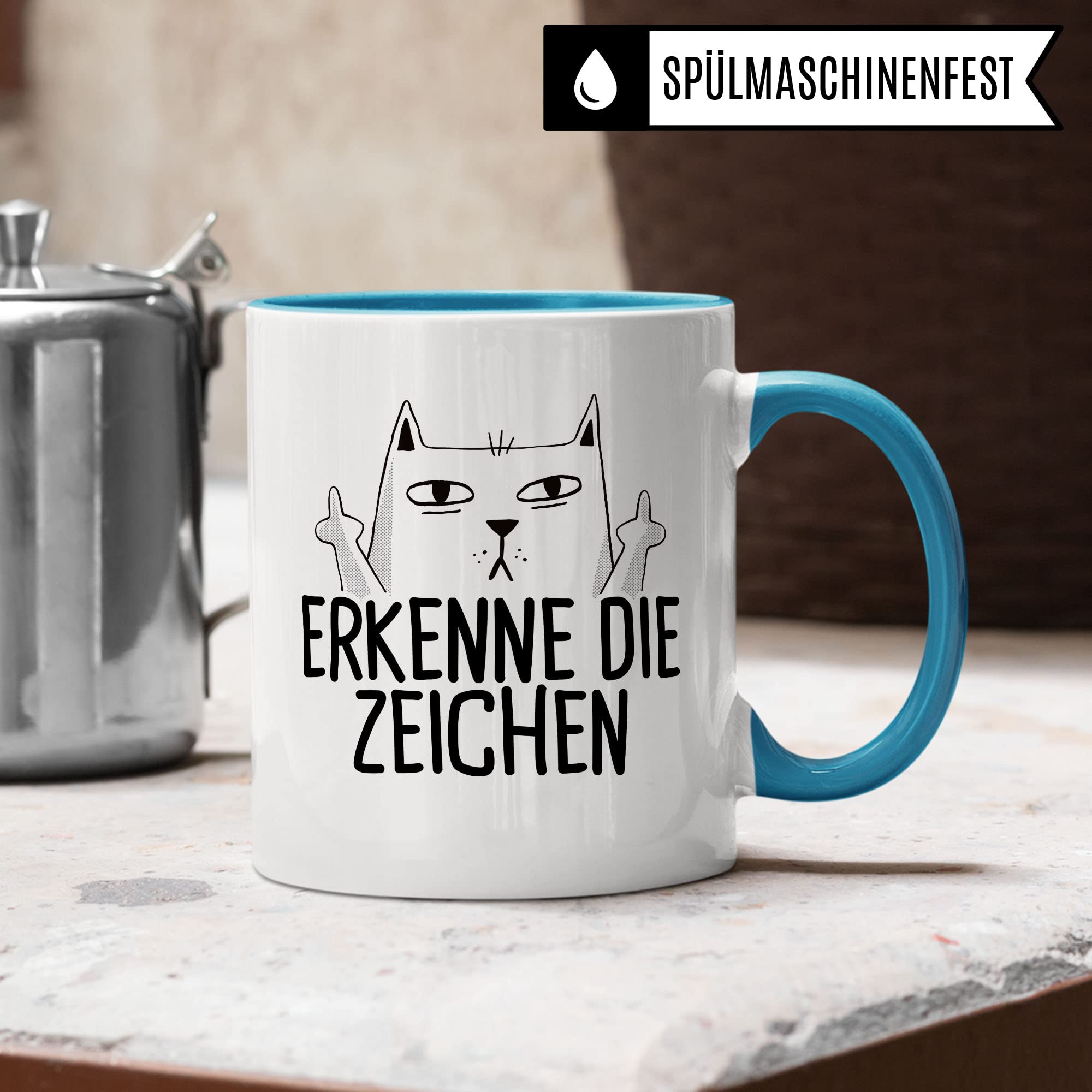 Tasse mit Katzen Motiv "Erkenne die Zeichen" mit Mittelfinger Comic - Kaffeetasse als lustiges Geschenk