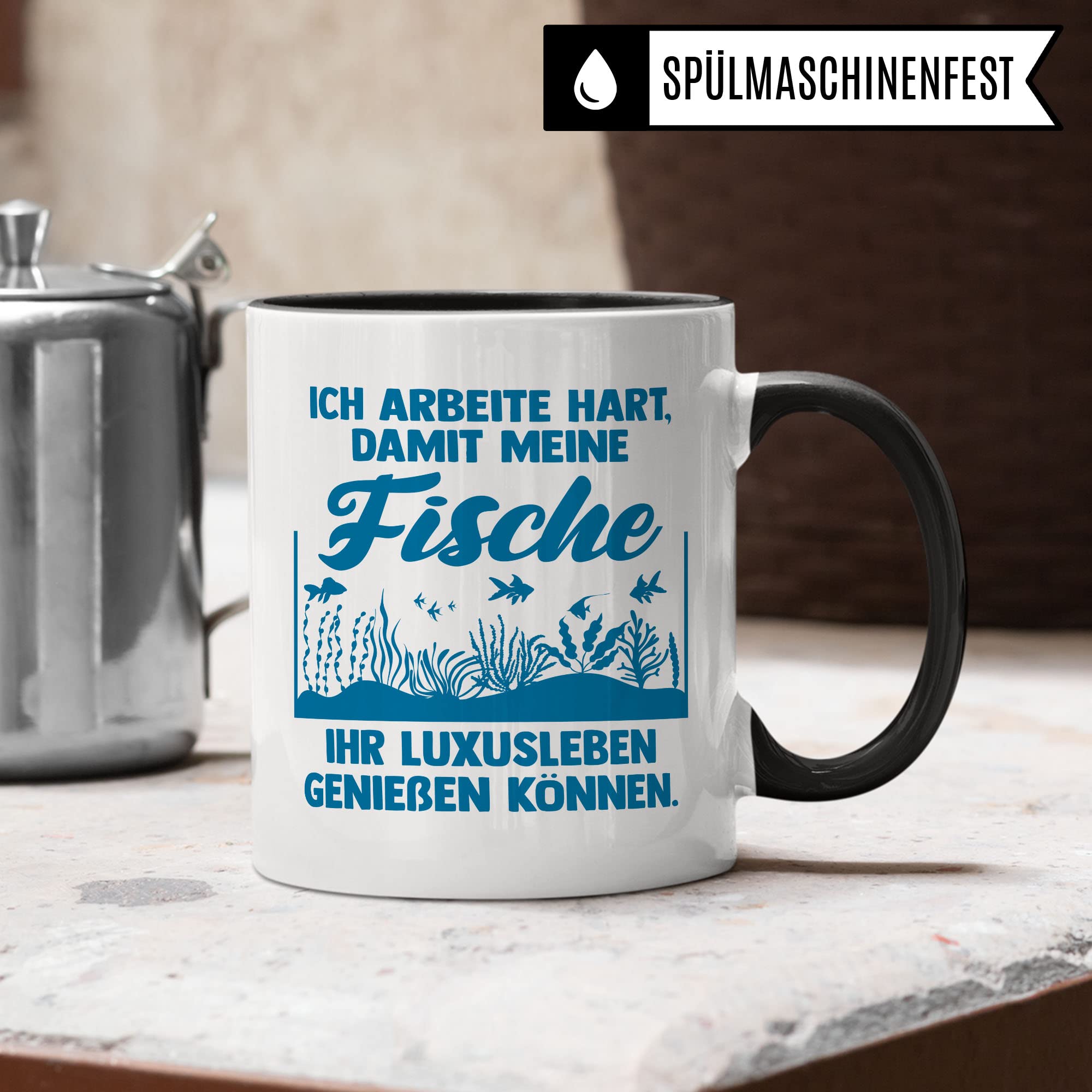 Aquarium Tasse, Ich arbeite hart, damit meine Fische ihr Luxusleben genießen können, Fische Geschenk, Spruch lustig Fischeliebhaber Aquariumbesitzer Geschenk-Idee