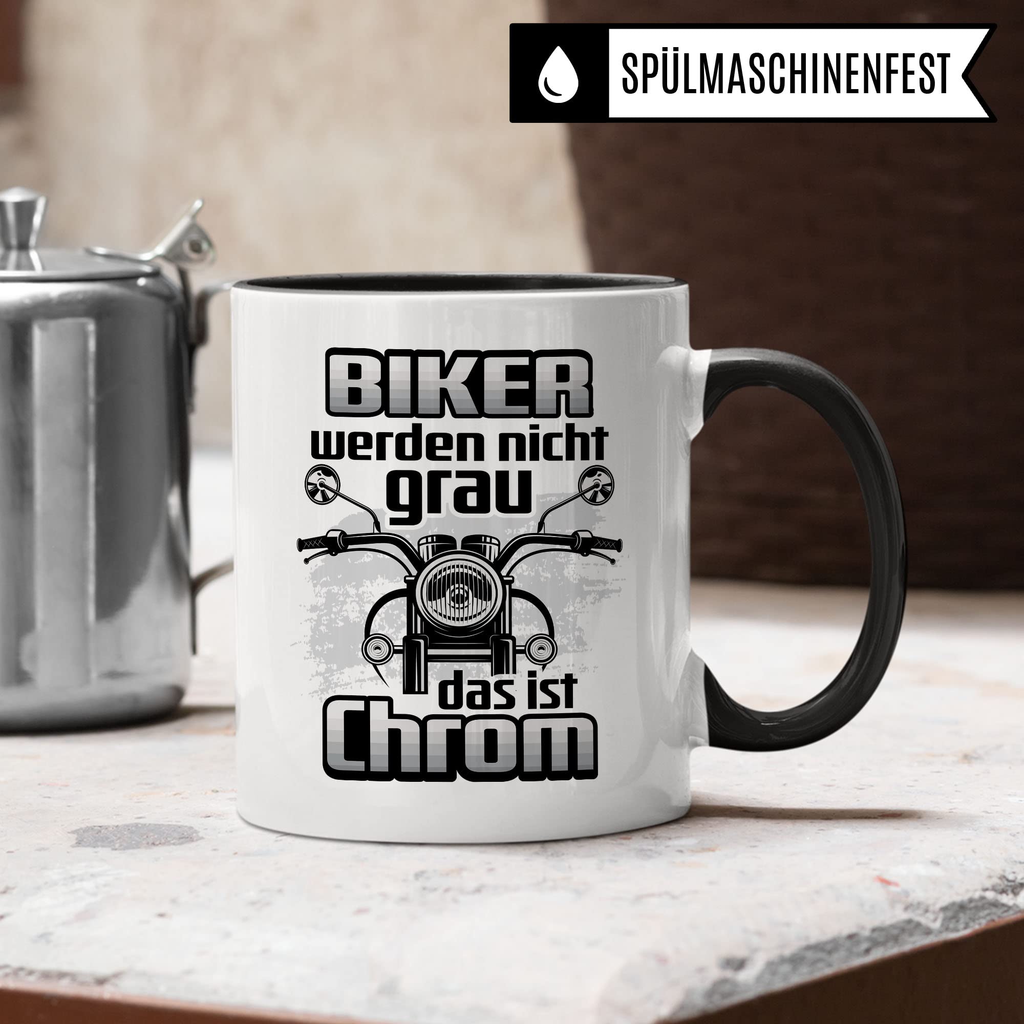 Motorrad Tasse - Biker werden nicht grau das ist Chrom - Biker Geschenk, Spruch lustig Motiv Geschenkidee Kaffeetasse Motorradfahrer Motorradfahrerin Kaffee-Becher