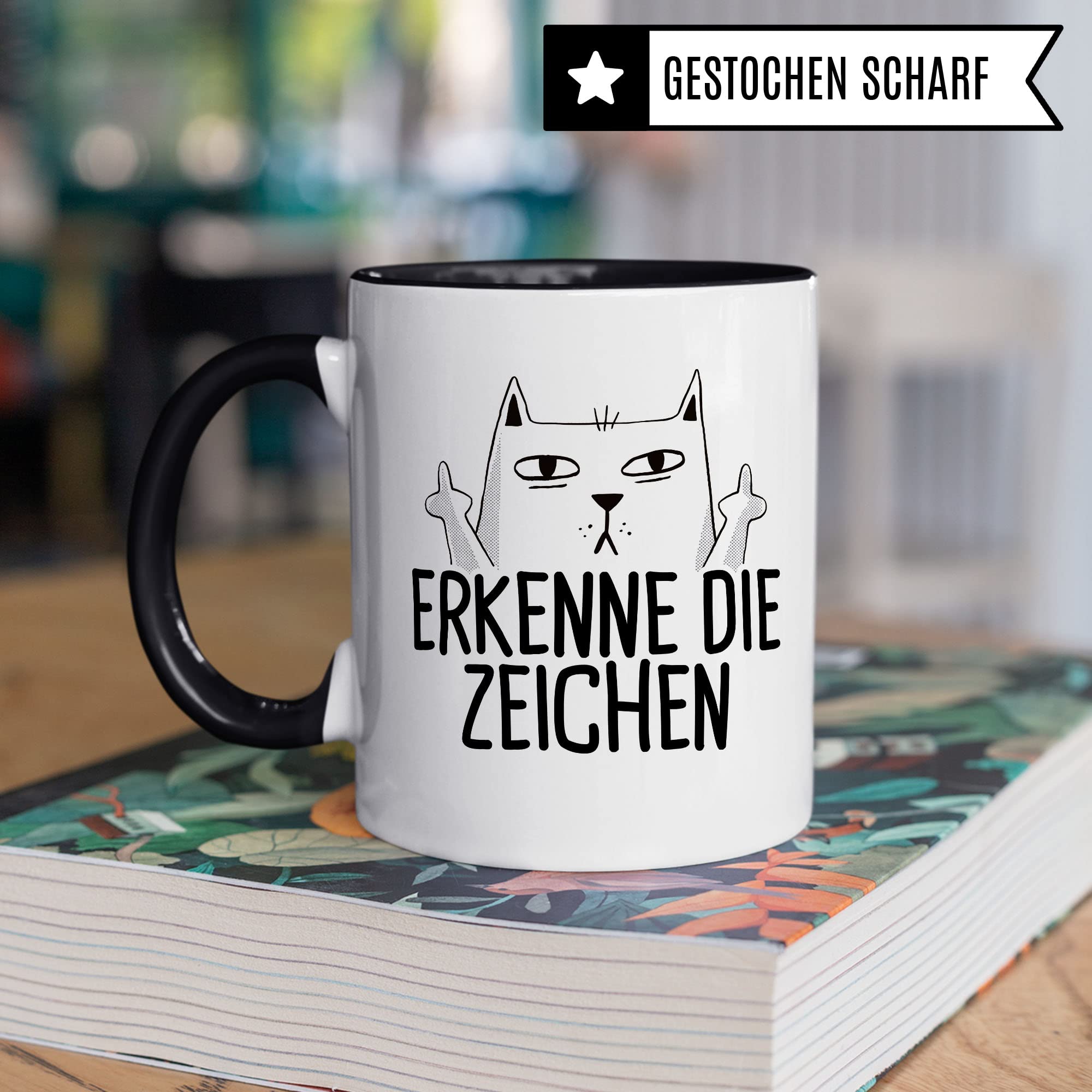 Tasse mit Katzen Motiv "Erkenne die Zeichen" mit Mittelfinger Comic - Kaffeetasse als lustiges Geschenk