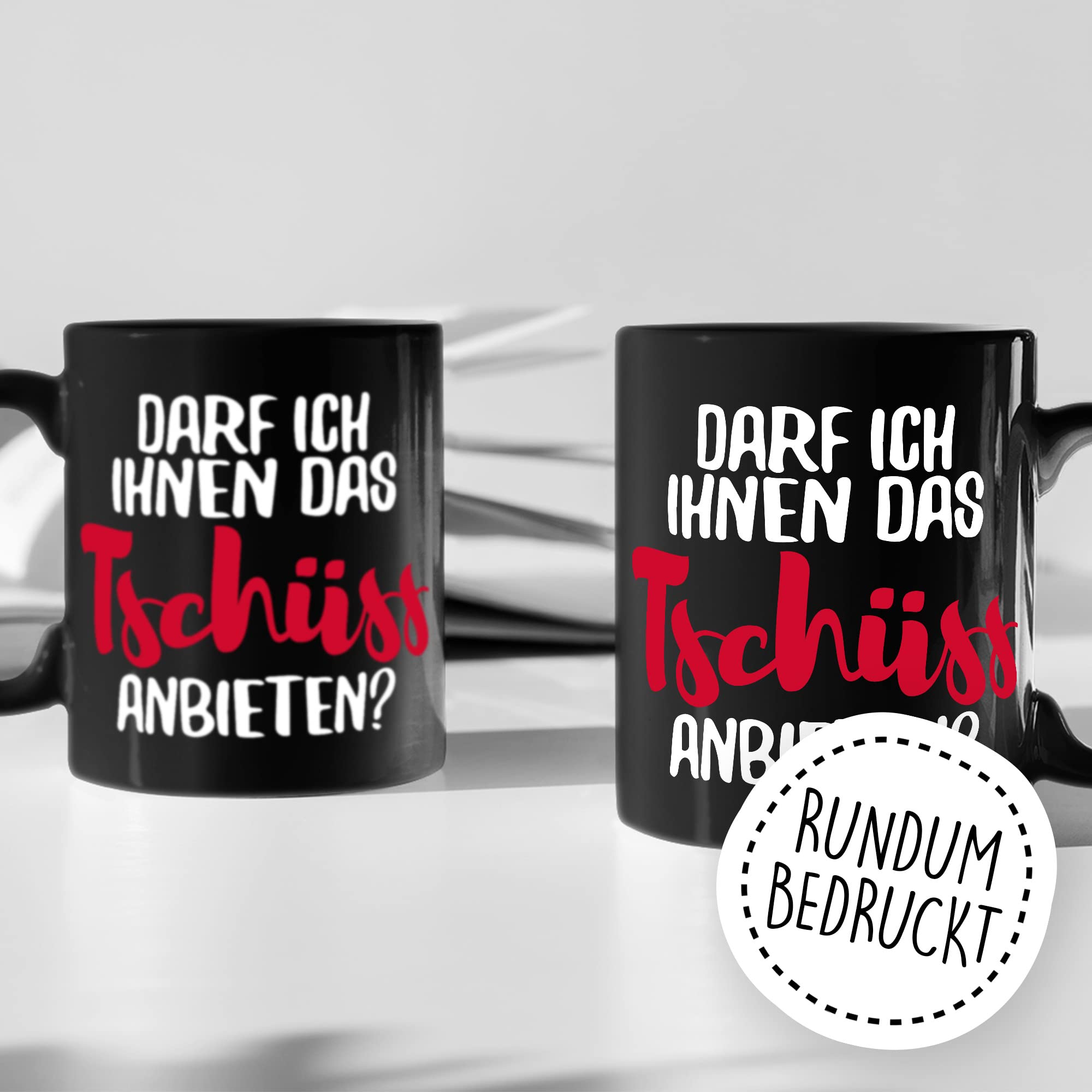 Tasse mit Spruch Büro lustig Kaffeetasse Arbeit Kaffee-Becher mit Witz Arbeitsplatz Job Geschenkidee Humor Geschenk Kollegin Chef Kollege Darf ich ihnen das tschüss anbieten Sarkasmus