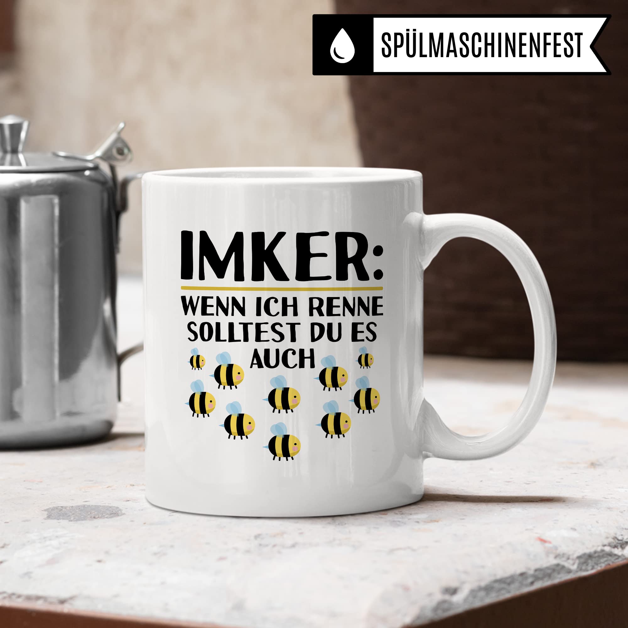 Tasse Imker Geschenk, Wenn ich renne solltest du es auch Geschenkidee Bienenzüchter Kaffee-Becher Tasse mit Spruch lustig Kaffeetasse Bienenvater Witztasse Humor Teetasse