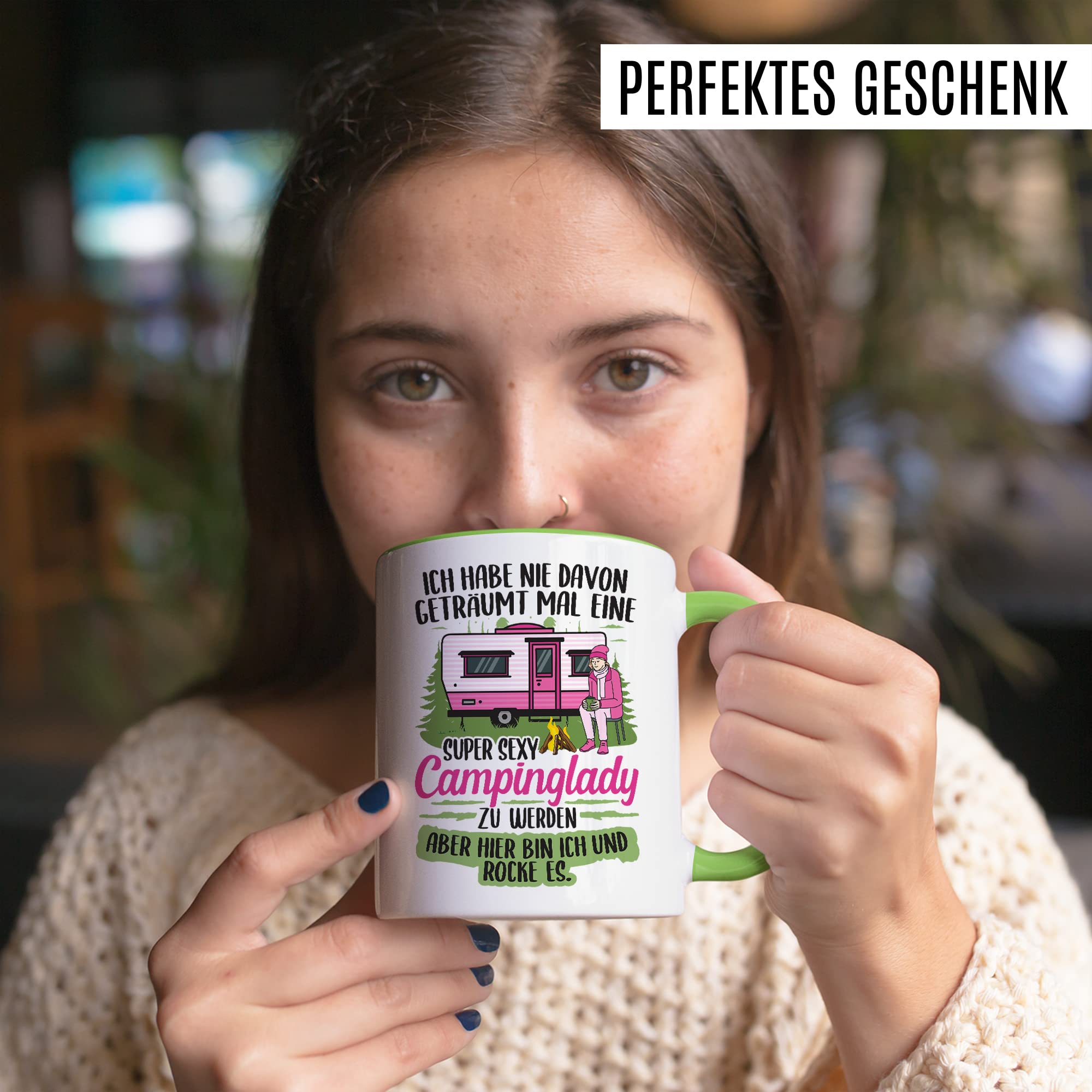 Becher Tasse Wohnmobil Wohnwagen Kaffeetasse Camping Geschenk Camperin Kaffee-Becher Geschenkidee Outdoorfans Zelten Abenteuer Reisen Spruch Humor Witz sexy Campinglady