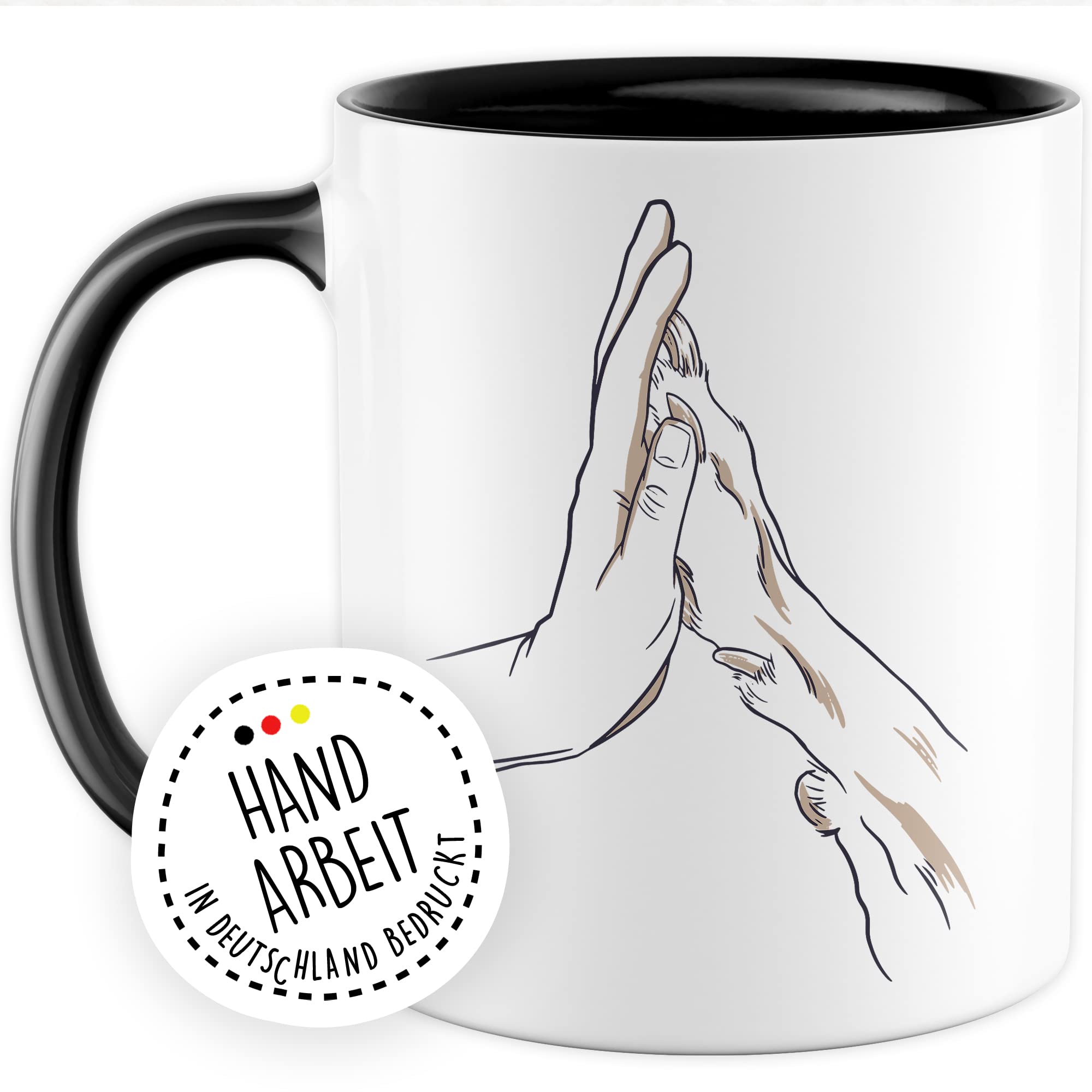 Tasse Hund & Mensch Geschenk Geschenkidee Herrchen Frauchen Hundemama Hundepapa Vierbeiner Comic Kaffeetasse mit Hundemotiv Kaffee-Becher Hund mit Mensch Teetasse Hand und Pfote