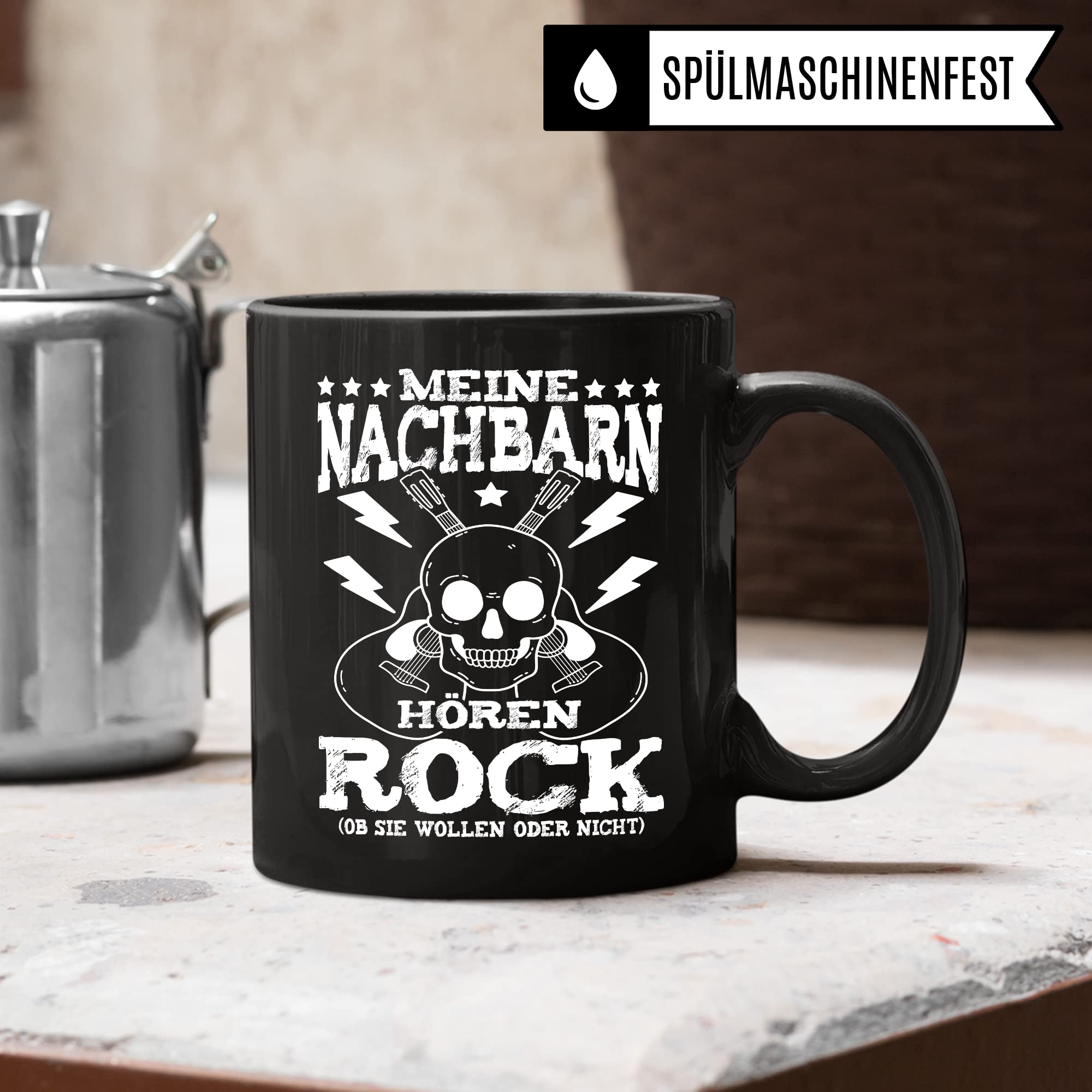 Rock Tasse Rocker Kaffeetasse Metal Fan Geschenkidee Kaffee-Becher Geschenk Spruch lustig Humor Teetasse Witz Meine Nachbarn hören Rock