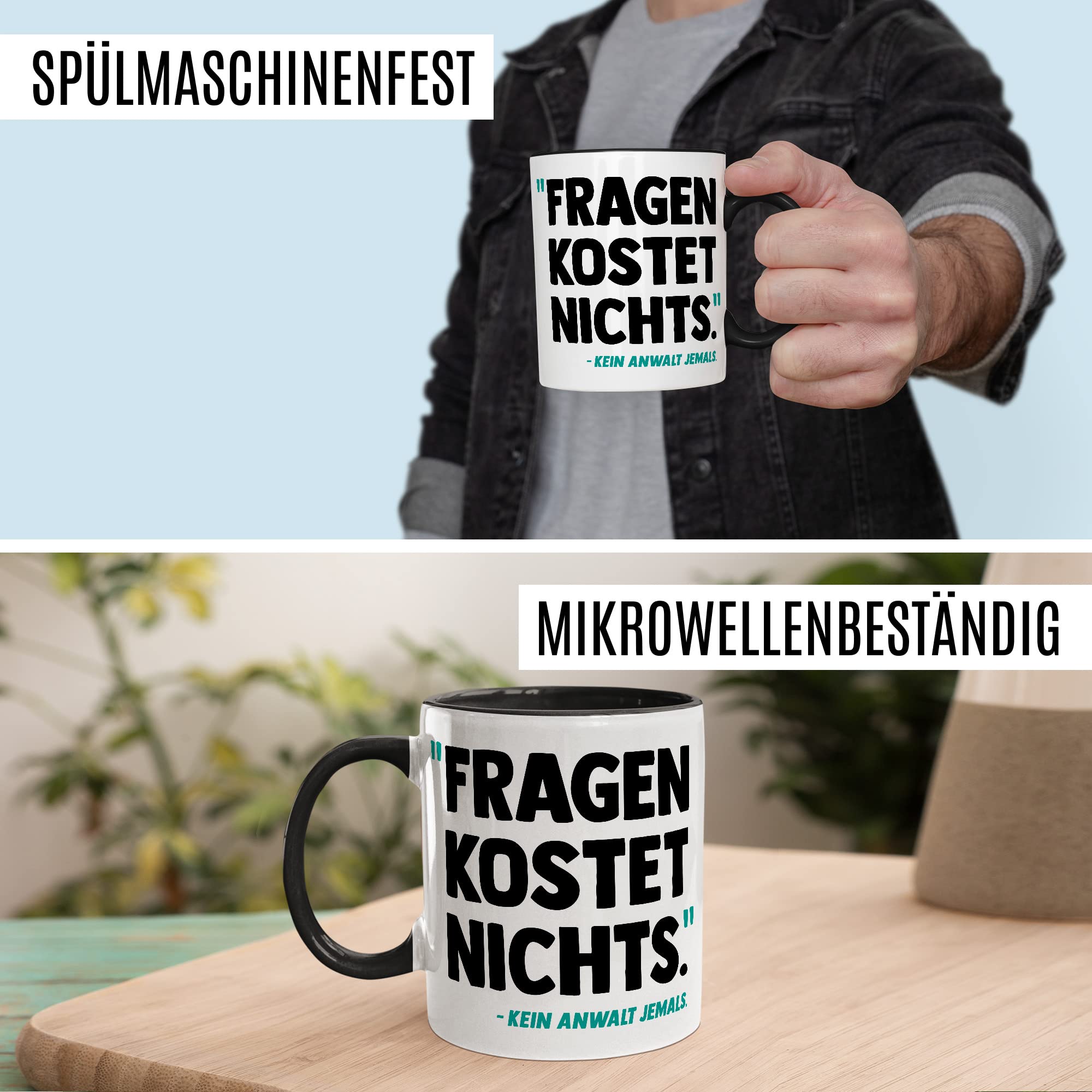 Tasse Anwalt Geschenk, Fragen kostet nichts Geschenkidee Jurastudent Jura Kaffee-Becher Tasse mit Spruch lustig Kaffeetasse Teetasse angehender Anwalt Studium Anwältin Staatsanwalt