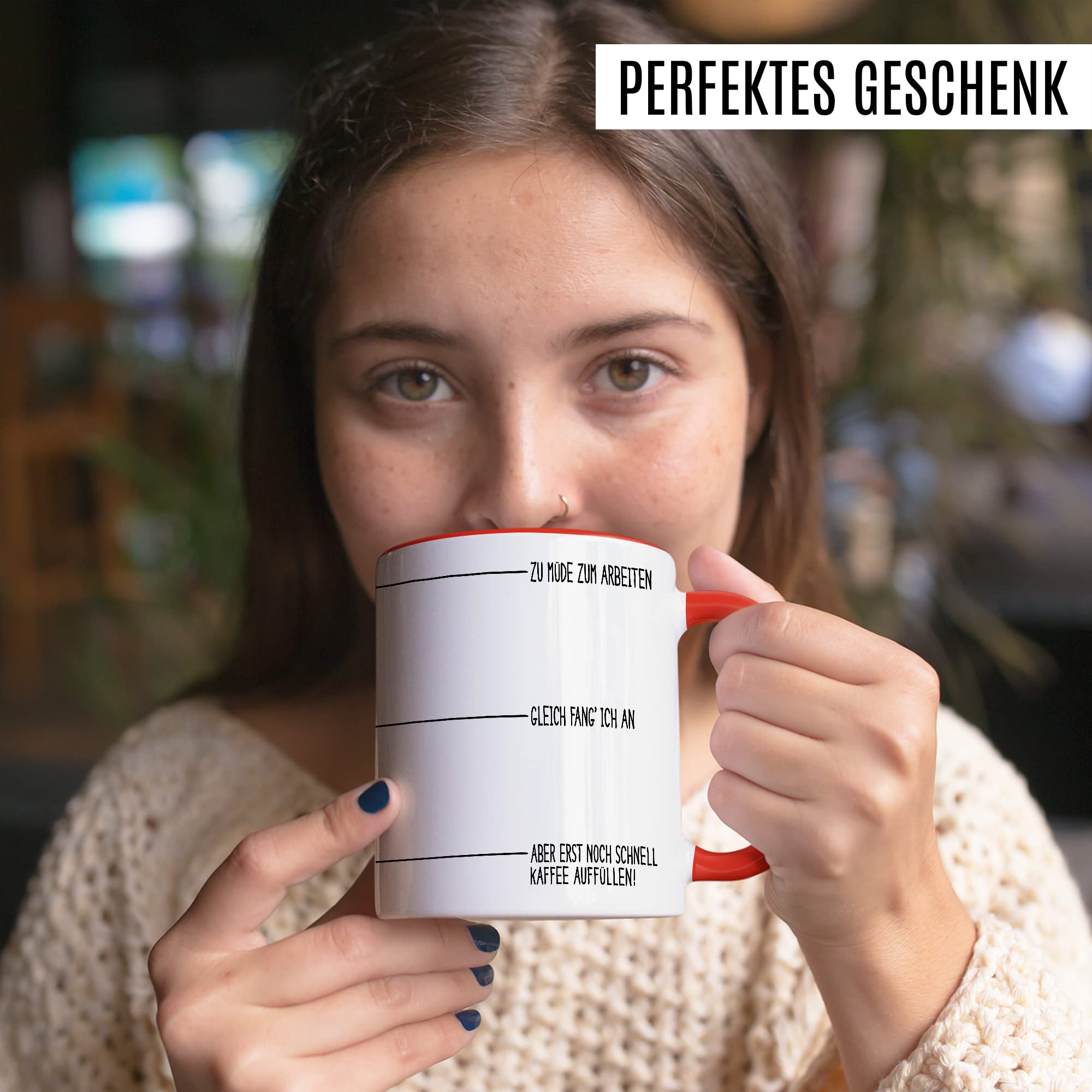 Tasse Kaffee-Füllstand Geschenk, Zu müde zum arbeiten gleich fang ich an Geschenkidee Kaffee-Liebhaber Kaffee-Becher Kaffeetasse Kaffee-Fans Kaffee-Genießer Tasse mit Spruch lustig