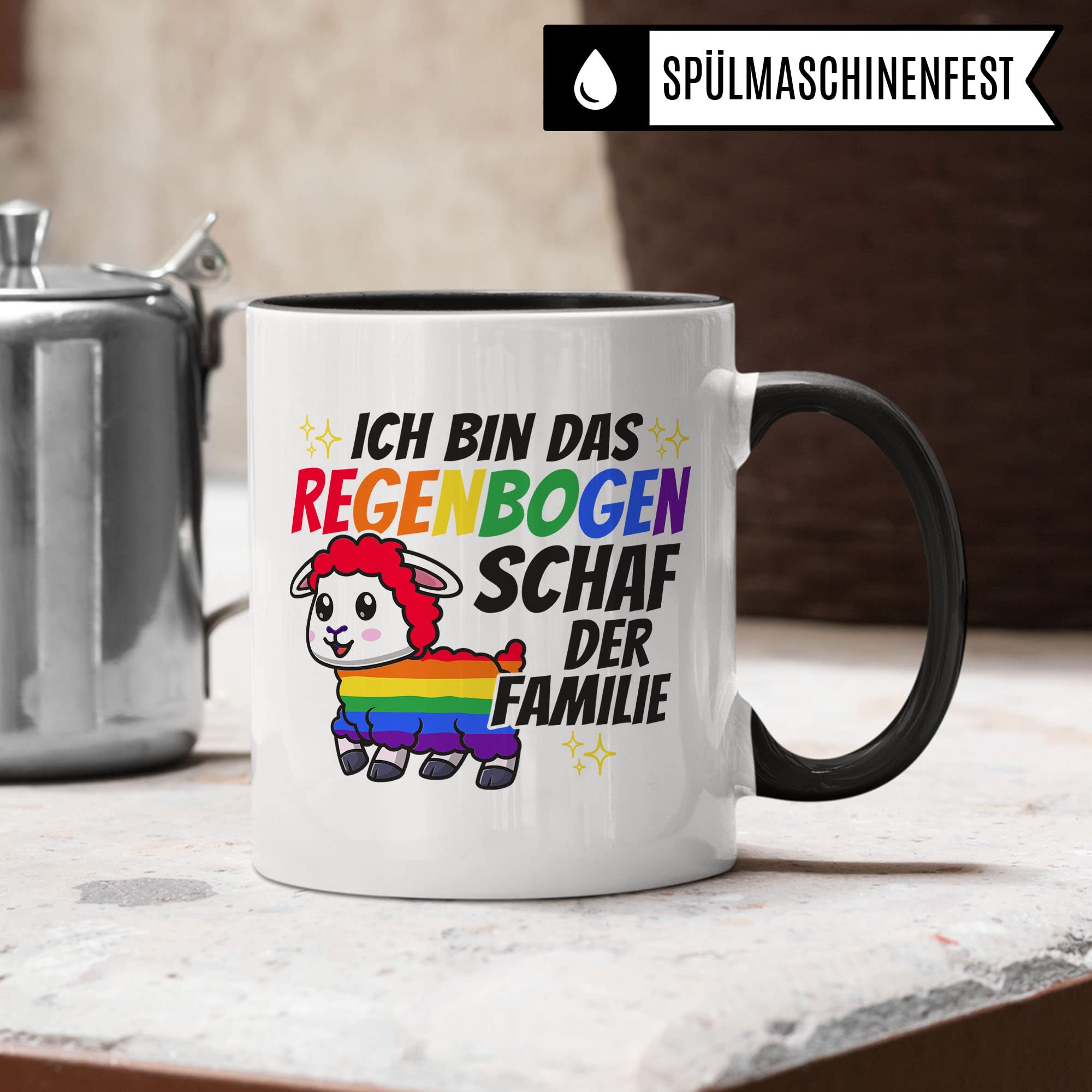 LGBTQI+ Tasse, Ich bin das Regenbogen Schaf der Familie, Gay Pride Geschenk Spruch lustig Motiv Geschenkidee Kaffeetasse outing LGBT queer schwul lesbisch Spruch