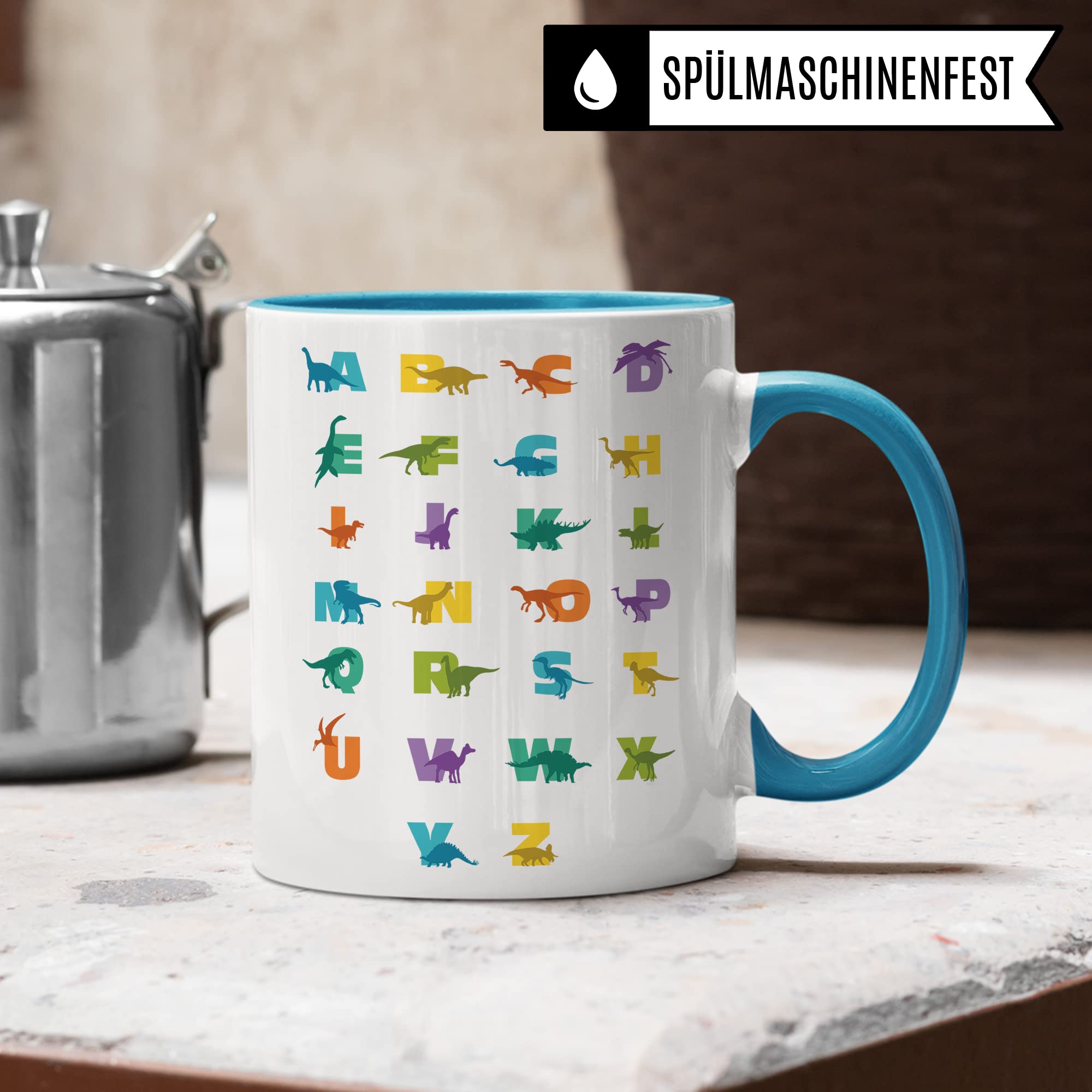 Alphabet Tasse für Kinder, Dino Becher zum Buchstaben lernen mit Dinosaurier Schulkind Schule Motiv für Jungen & Mädchen