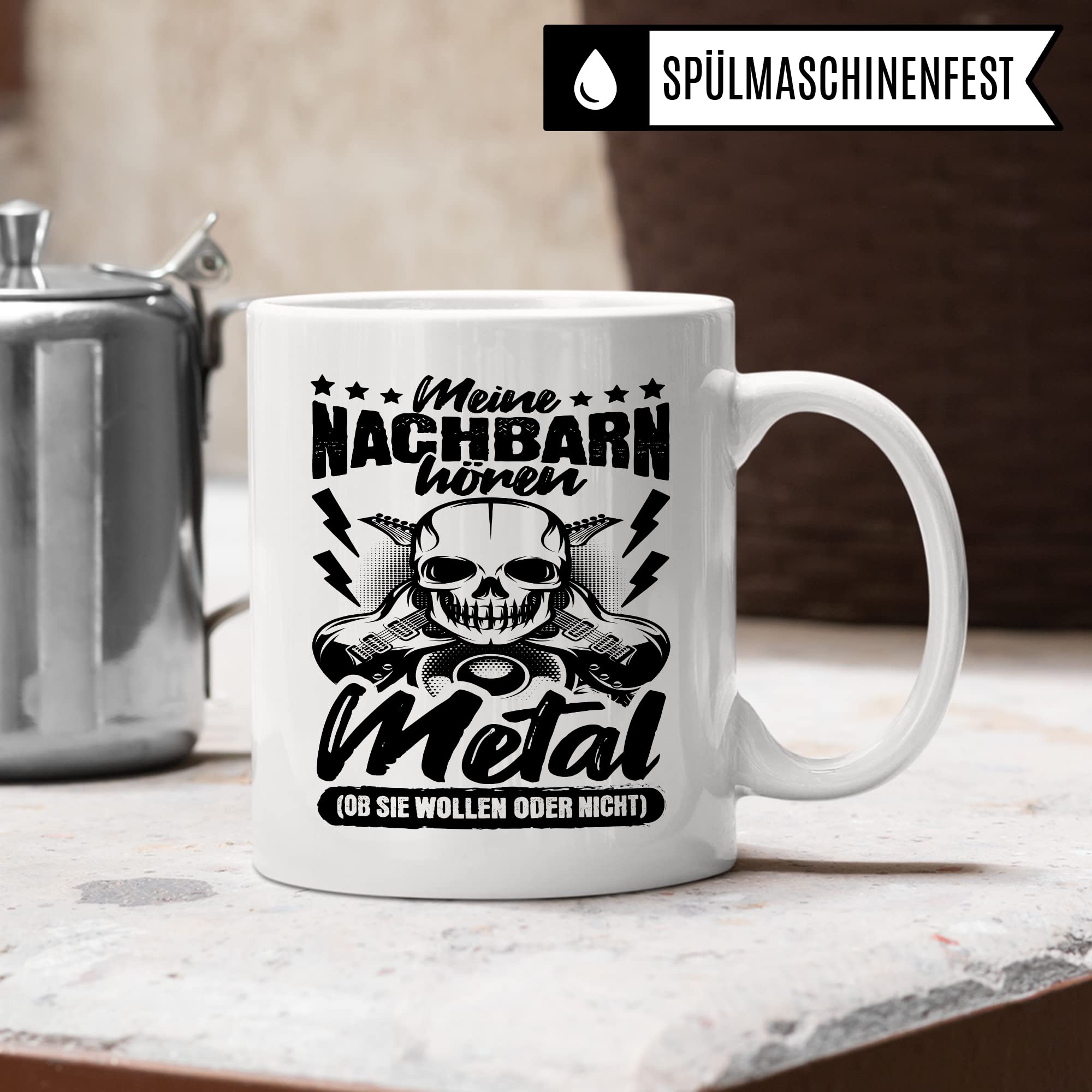 Metal Tasse Rocker Kaffeetasse Metal Fan Geschenkidee Kaffee-Becher Metalic Geschenk Spruch lustig Humor Teetasse Witz Meine Nachbarn hören Metal