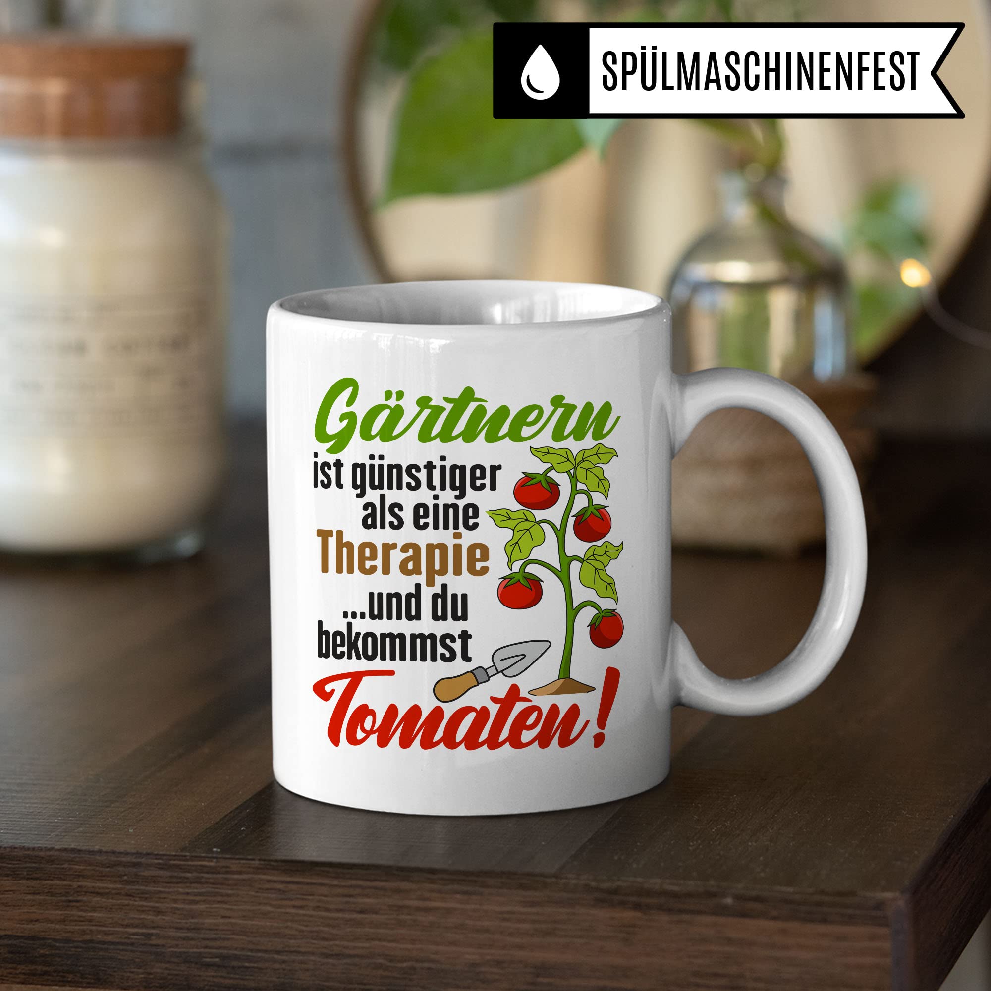 Garten Tasse, Gärtnern ist günstiger als eine Therapie - ...und du bekommst Tomaten!, Geschenk Gartenliebhaber Garten-Motiv Kaffeebecher Hobby-Gärtner Hobby-Gärtnerin, Tomaten-Pflanzen-Motiv Kaffeetasse