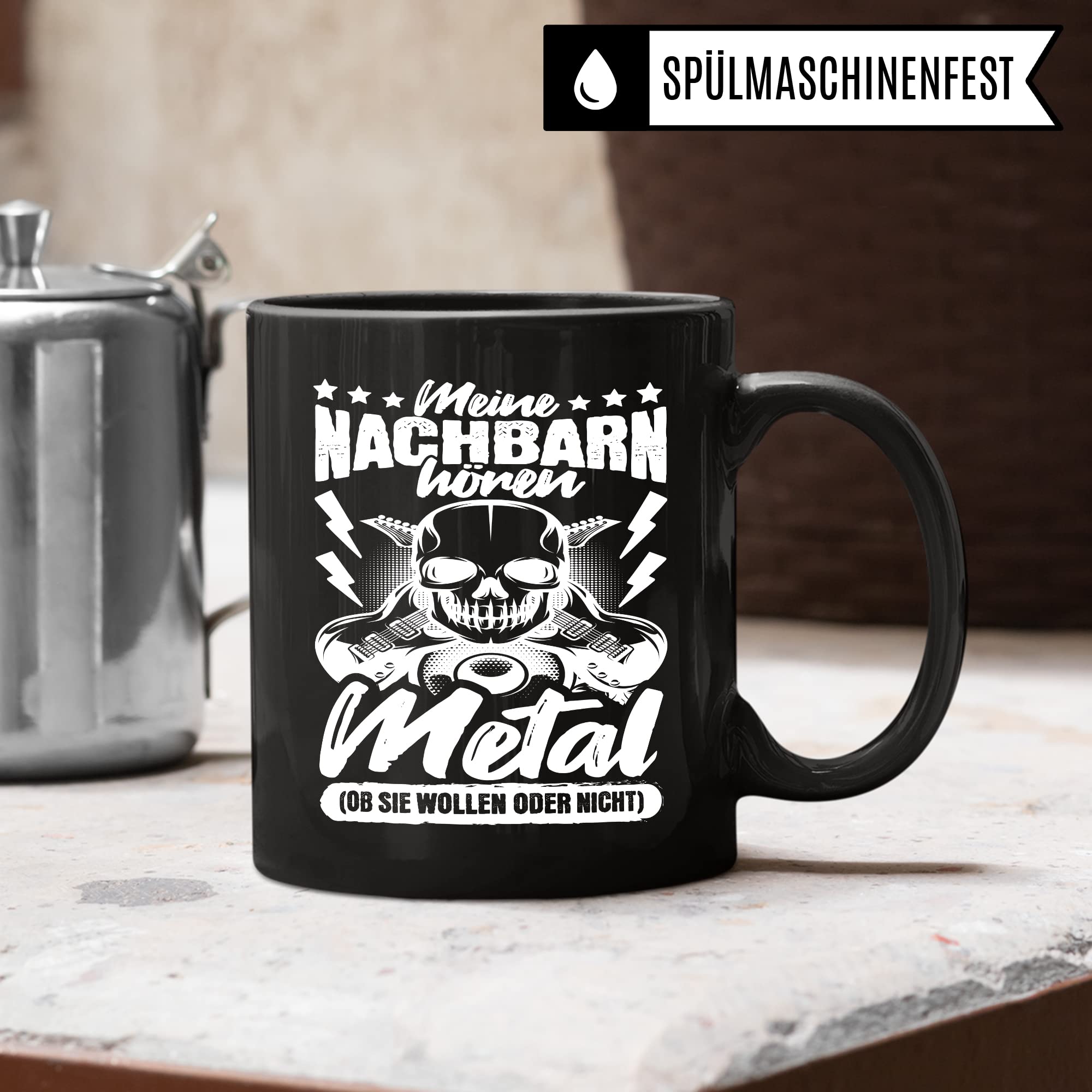 Metal Tasse Rocker Kaffeetasse Metal Fan Geschenkidee Kaffee-Becher Metalic Geschenk Spruch lustig Humor Teetasse Witz Meine Nachbarn hören Metal