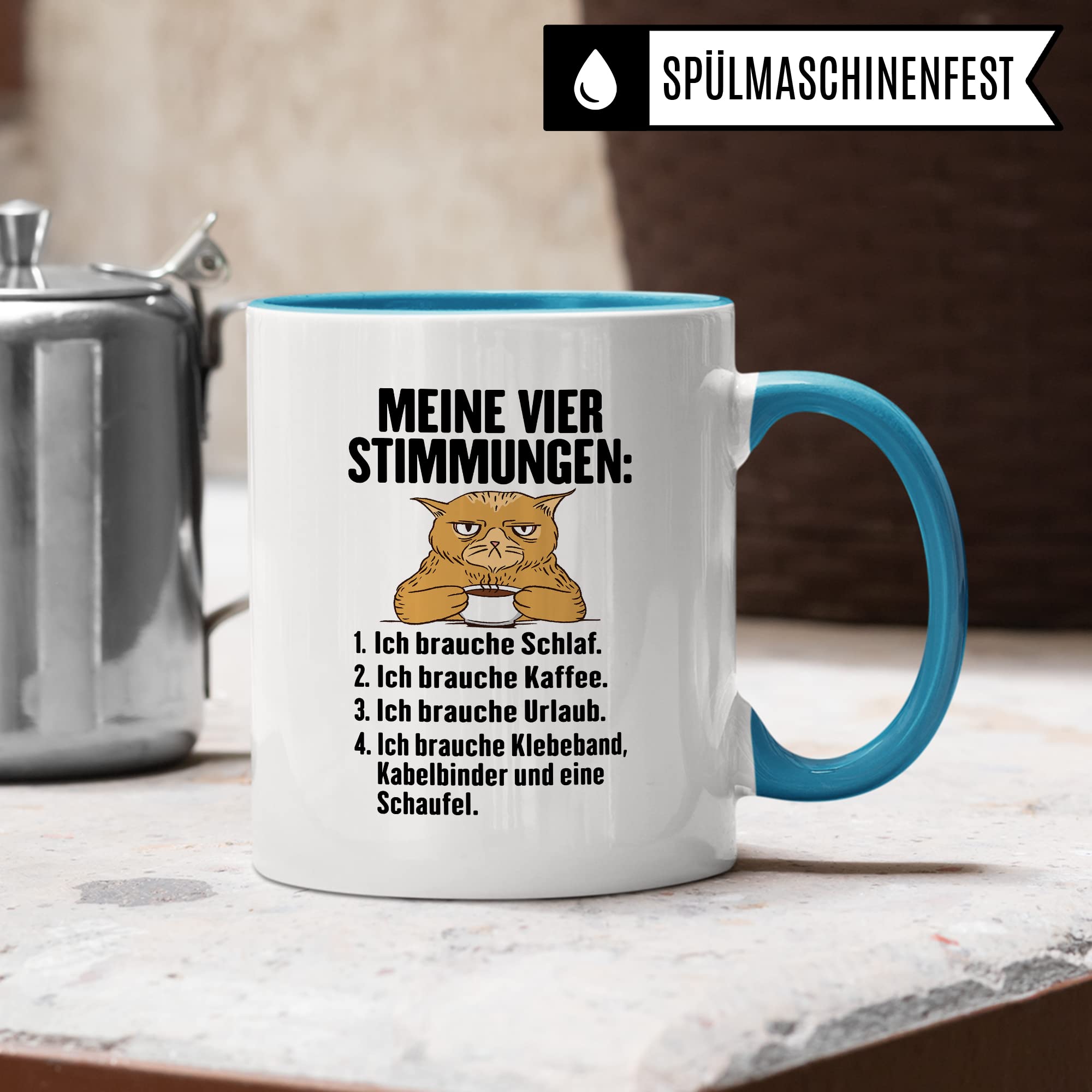 Tasse Humor Geschenk, Meine vier Stimmungen Kaffeetasse mit Spruch lustig Geschenkidee Kaffee-Becher Flachwitz humorvolle Teetasse Witzbold Humortasse