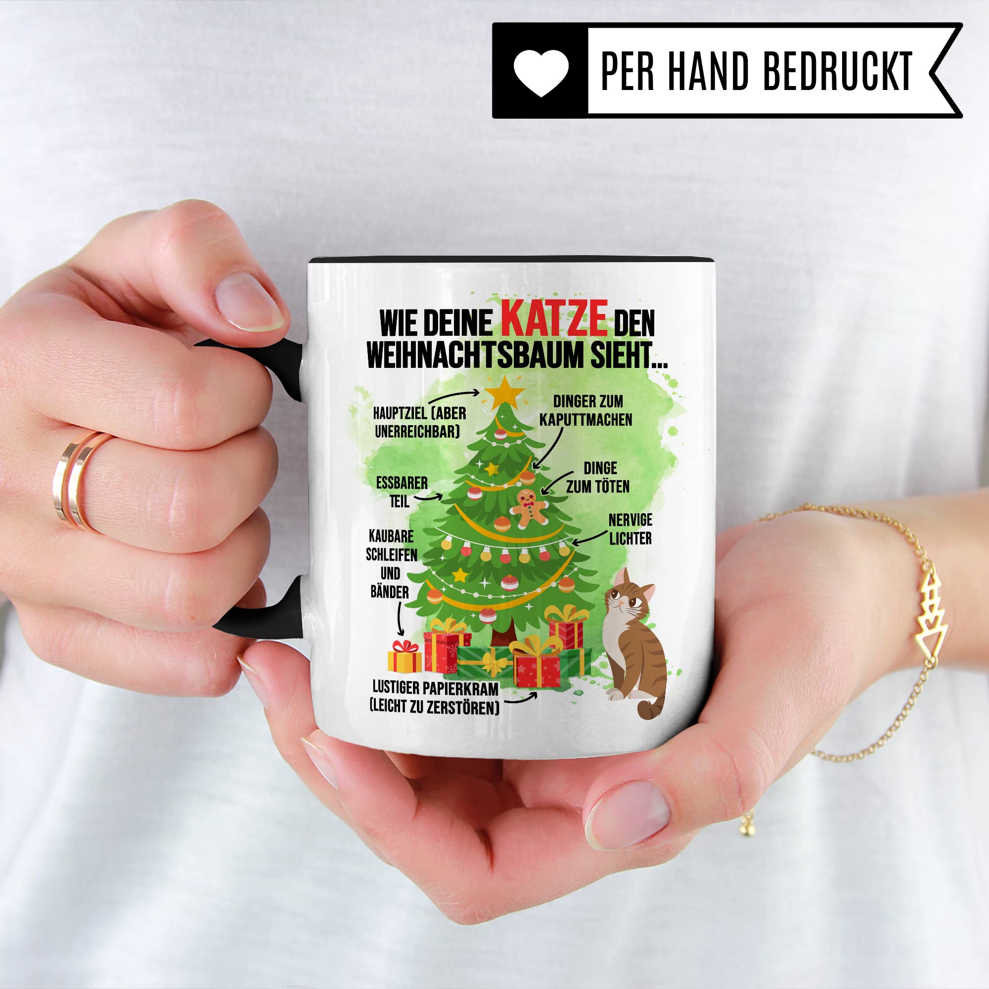 Katzen Tasse Weihnachten Kaffeetasse lustig Weihnachtsbaum Kaffee-Becher Katzenliebhaber Geschenkidee Vierbeiner Katzenhalter Geschenk Tasse mit Spruch Humor Sarkasmus Glühweintasse