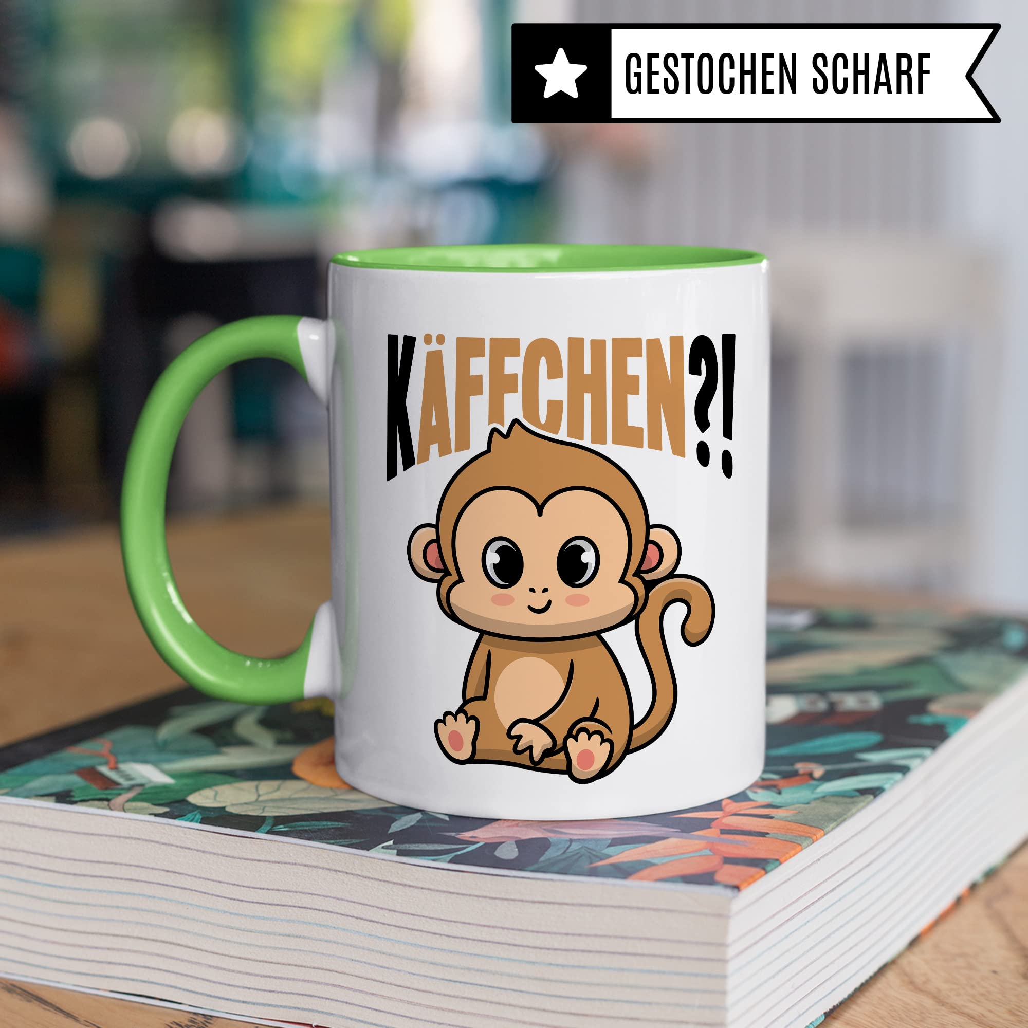 Käffchen Tasse Geschenk Kaffeetasse mit Spruch lustig Kaffee-Becher mit Affen-Motiv Teetasse Geschenkidee Kaffee-Liebhaber Kaffeetrinker und Kaffee-Fans Kaffee-Verehrer