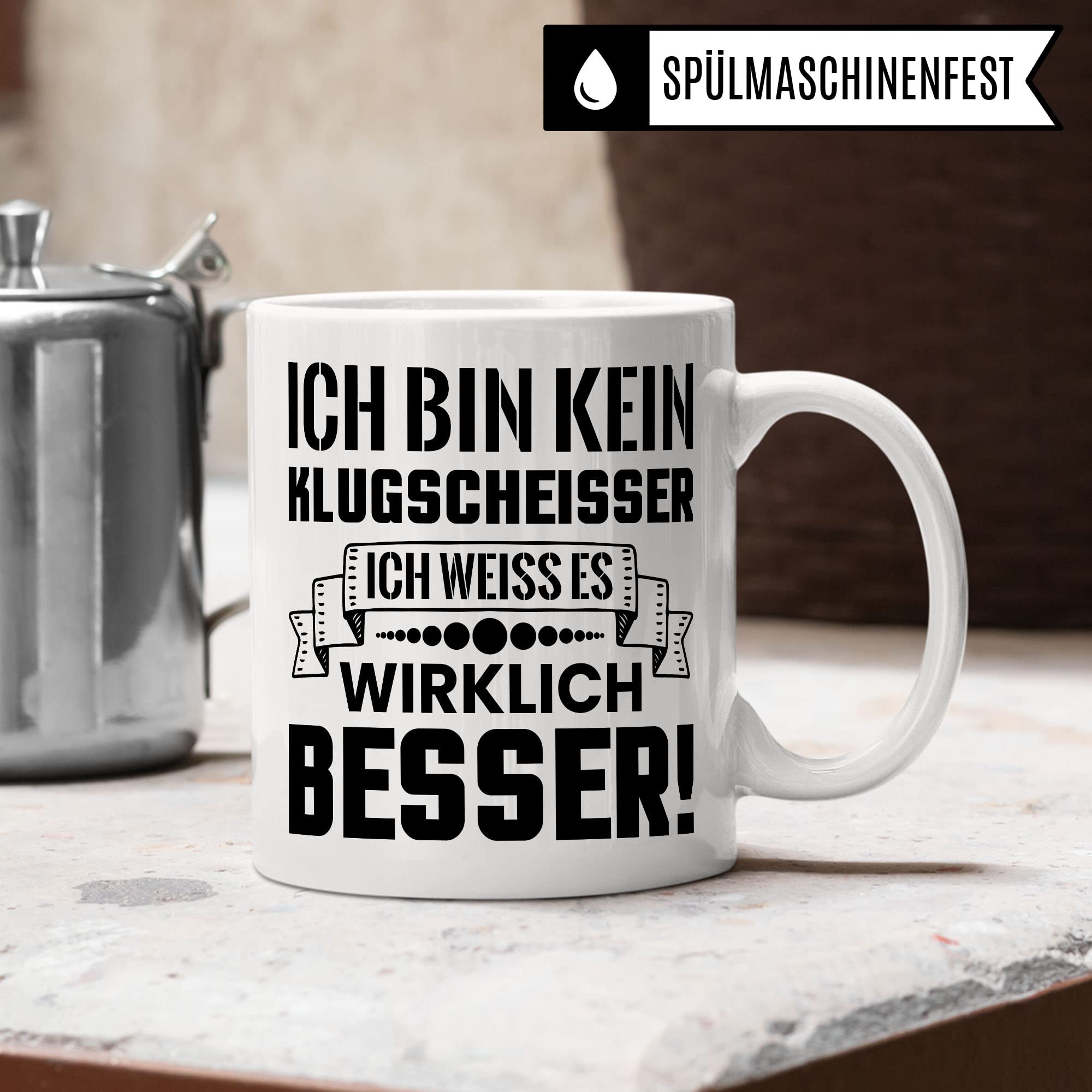 Klugscheisser Tasse, Kaffeetasse Geschenk für Besserwisser, Kaffebecher mit Spruch lustig, Teen Geschenk, Kaffeetasse Humor Witz Geschenk für Kollege, Kollegin Teetasse