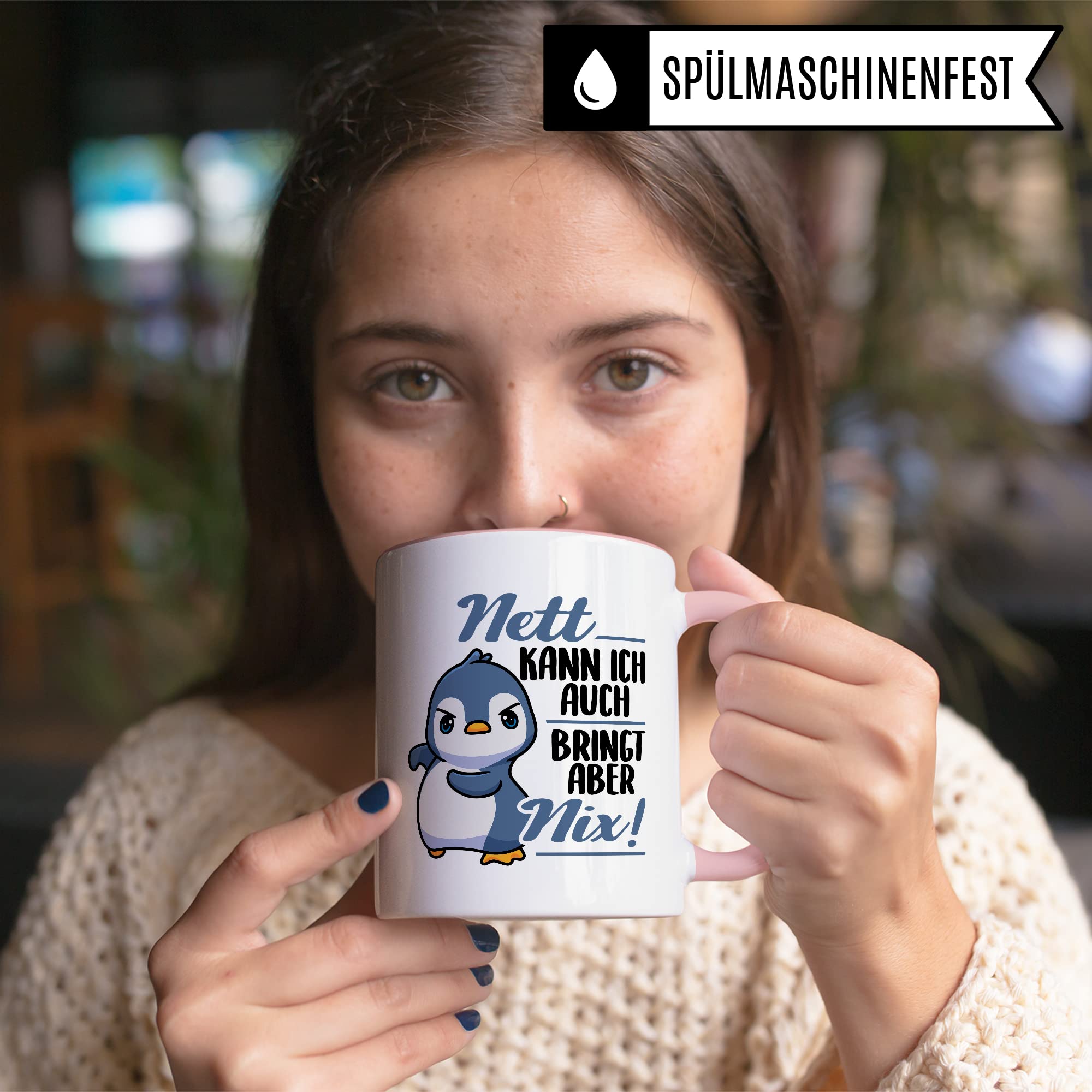 Tasse Spruch, Nett kann ich auch - bringt aber nix Kaffeetasse mit Spruch lustig Kaffee-Becher Pinguin-Motiv böser Humor Geschenk Geschenkidee Teetasse
