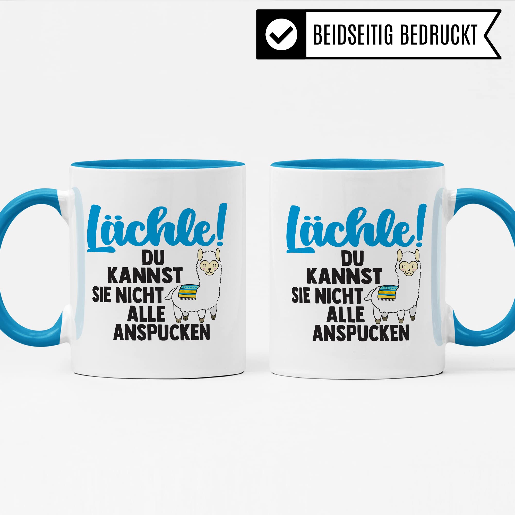 Tasse Lama Geschenk, Lächle! Du kannst sie nicht alle anspucken Geschenkidee Tasse mit Spruch lustig Kaffee-Becher Kaffeetasse Teetasse Humor Witz Witztasse Alpaka spucken