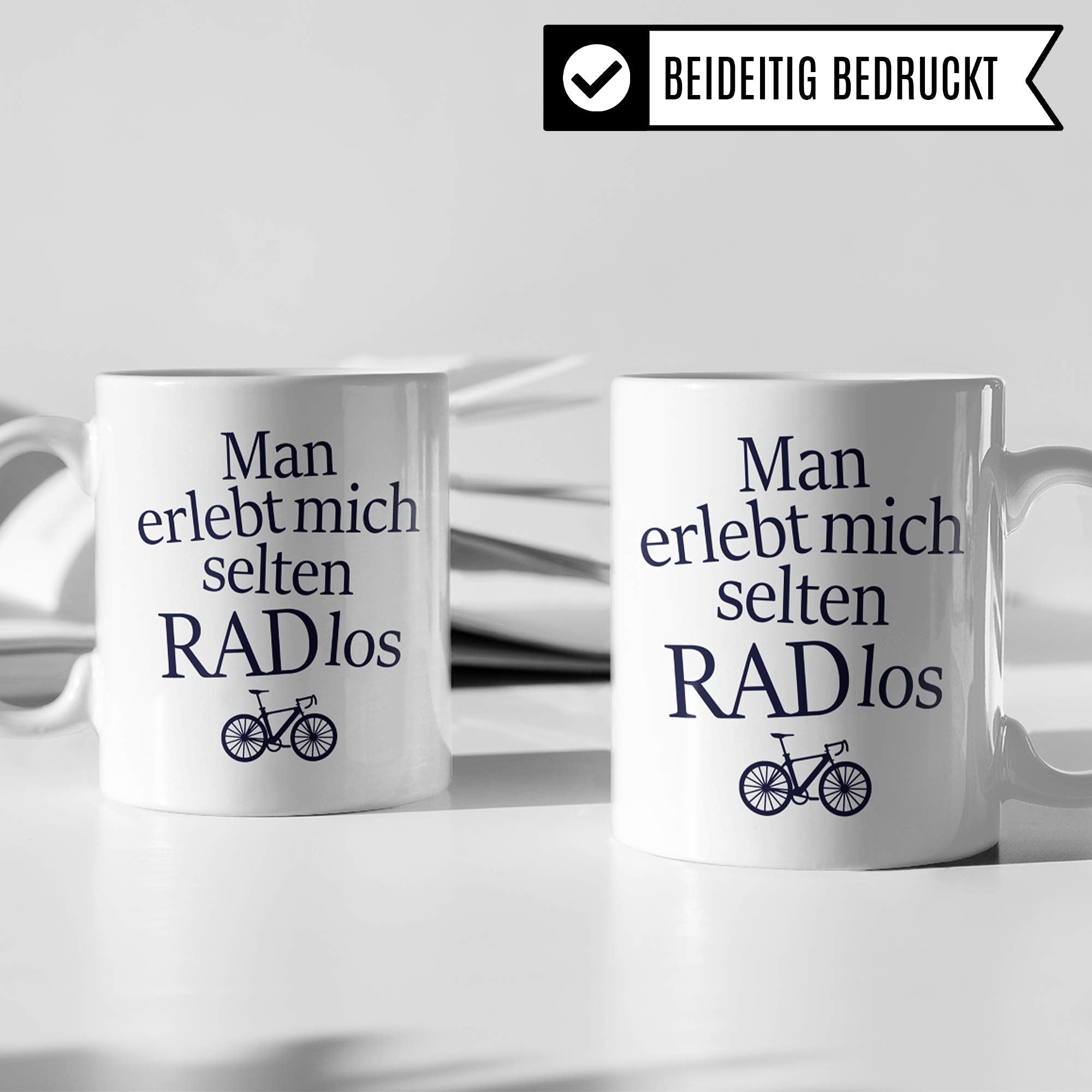 Fahrrad Tasse mit "RADlos" Spruch - Kaffeebecher für Fahrradfahrer mit Rad Motiv