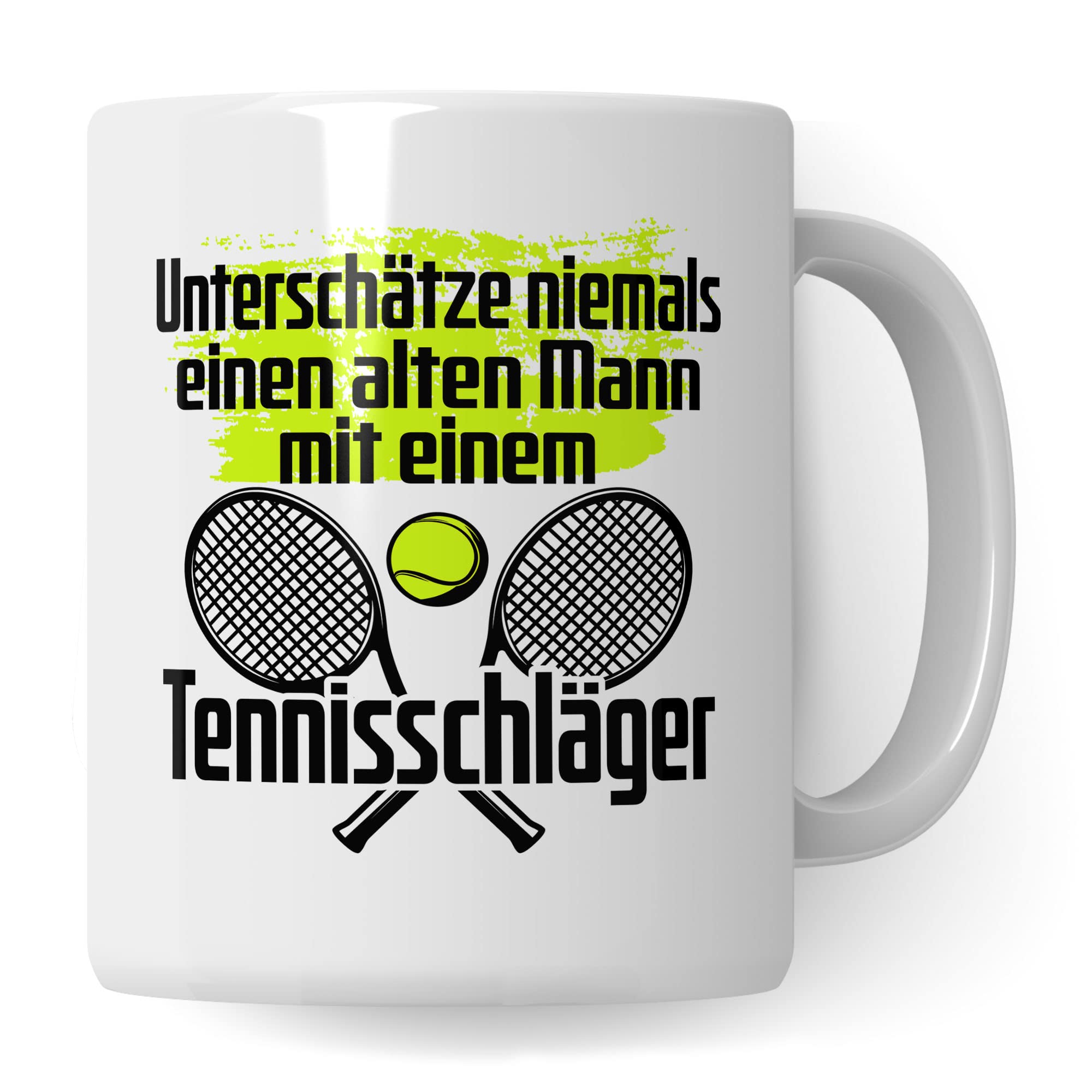 Tasse Tennisspieler, Unterschätze niemals einen alten Mann mit einem Tennisschläger Spruch, Tennis-Spielerin Geschenk lustiger Spruch Tennisprofi Tennisliebhaber, Geschenkidee Spielpartner