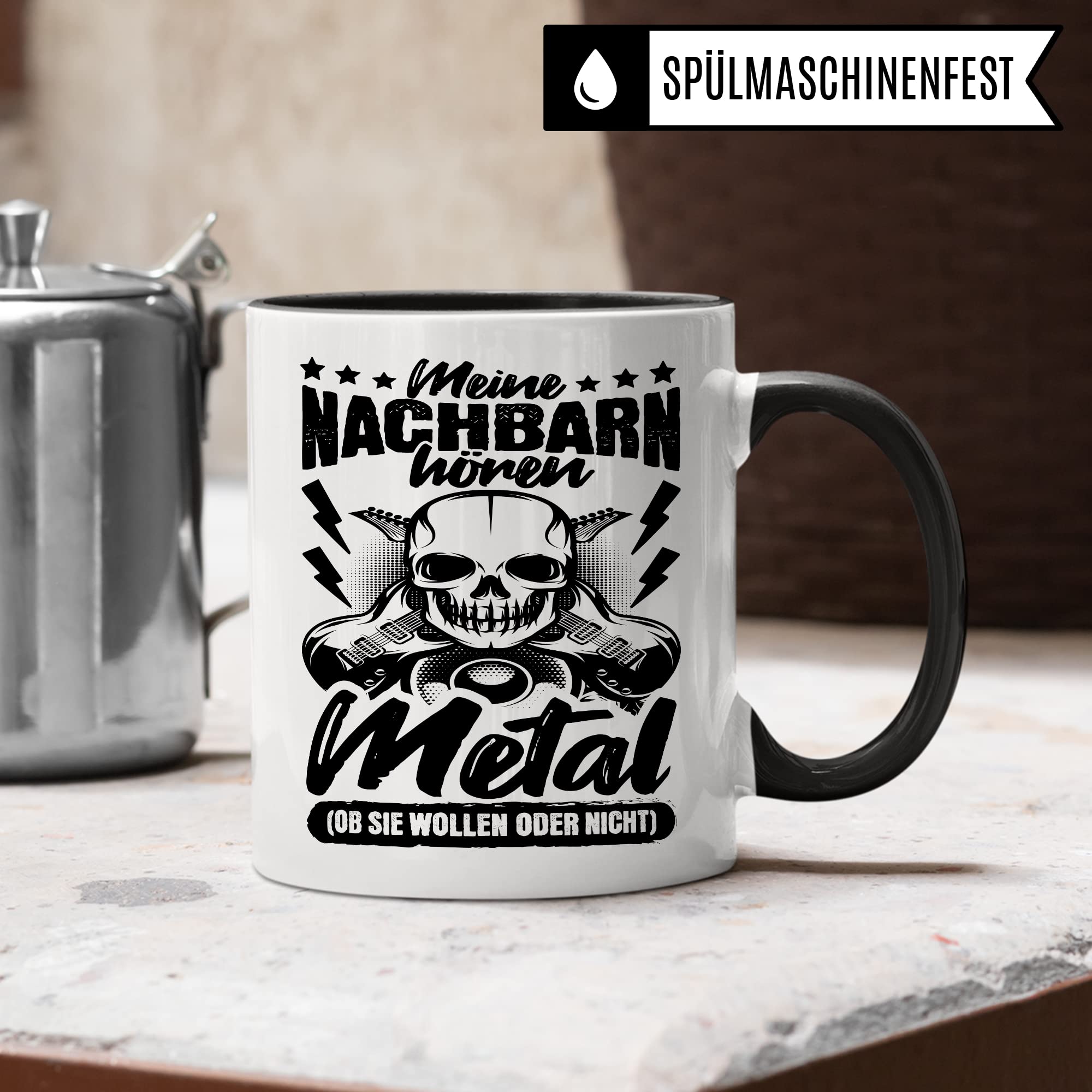 Metal Tasse Rocker Kaffeetasse Metal Fan Geschenkidee Kaffee-Becher Metalic Geschenk Spruch lustig Humor Teetasse Witz Meine Nachbarn hören Metal