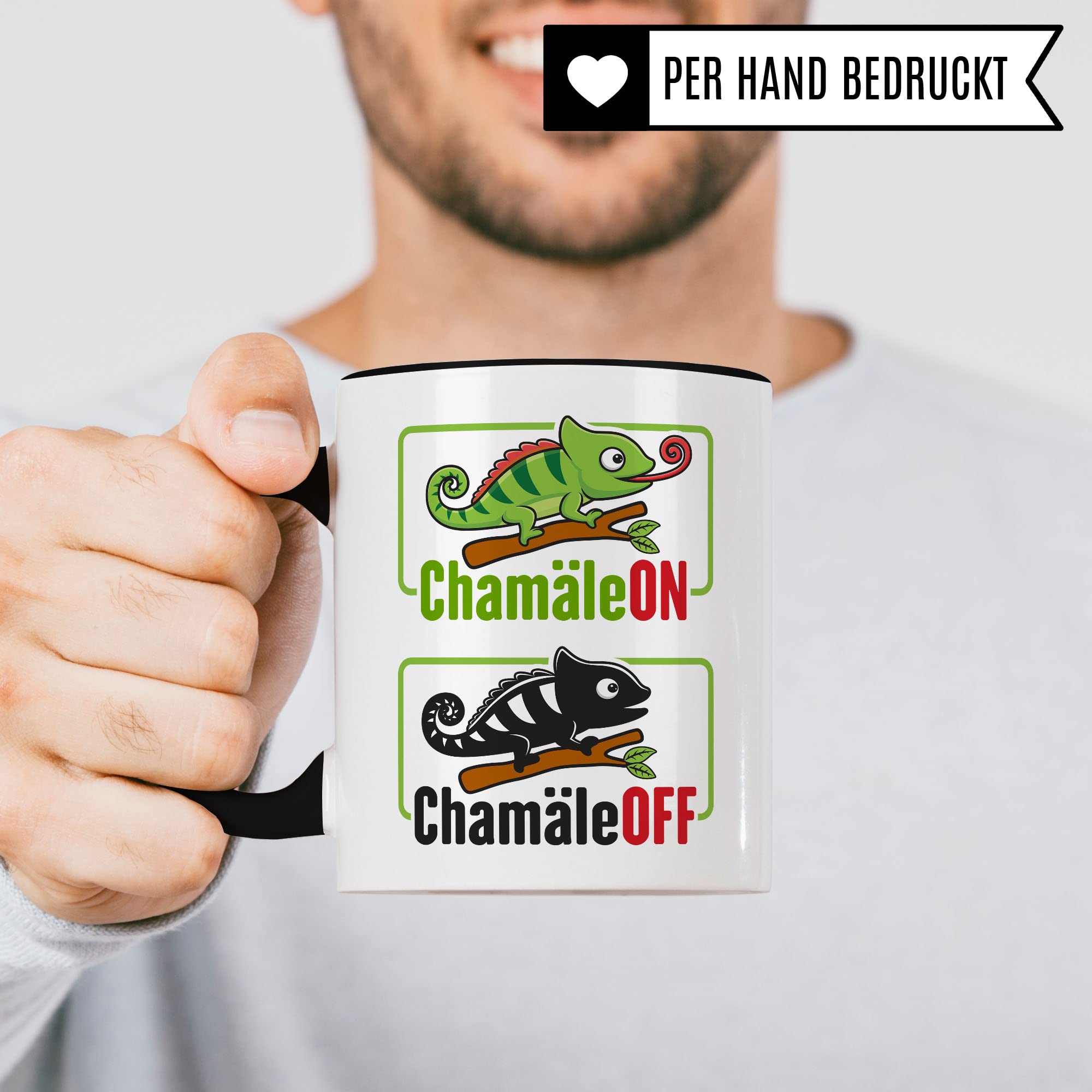 Tasse ChamäleON ChamäleOFF, Lustige Tasse mit Spruch und Tier Motiv, Büro lustig Sarkasmus Comic Witz Tiere Chamäleon Geschenk