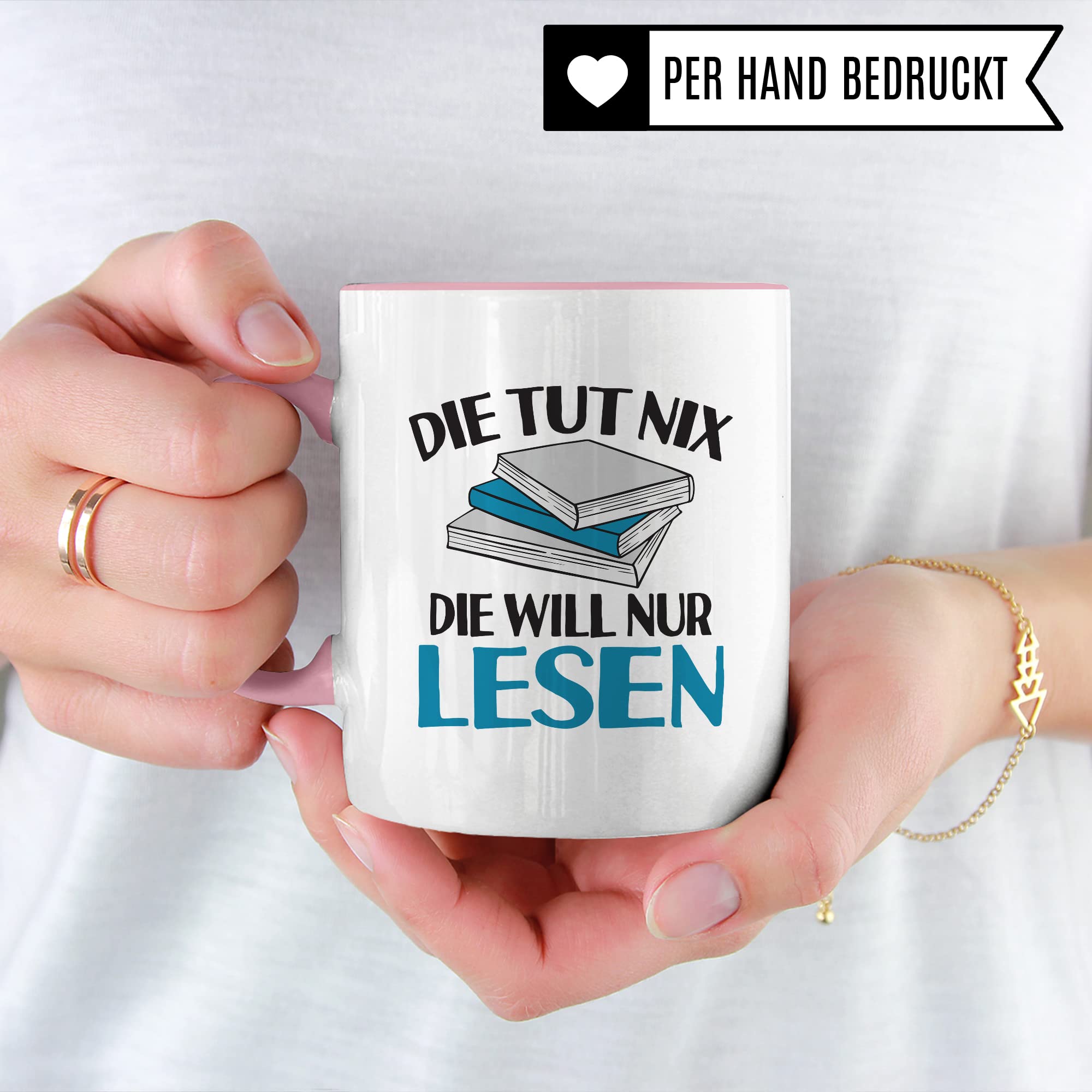 Lesen Tasse lustig Kaffeetasse mit Spruch Bücherwurm Geschenkidee Humor Kaffee-Becher Leseratte Geschenk Die tut nix Die will nur lesen Freundin Kollegin Buch Fan Geschenkartikel lustig Teetasse