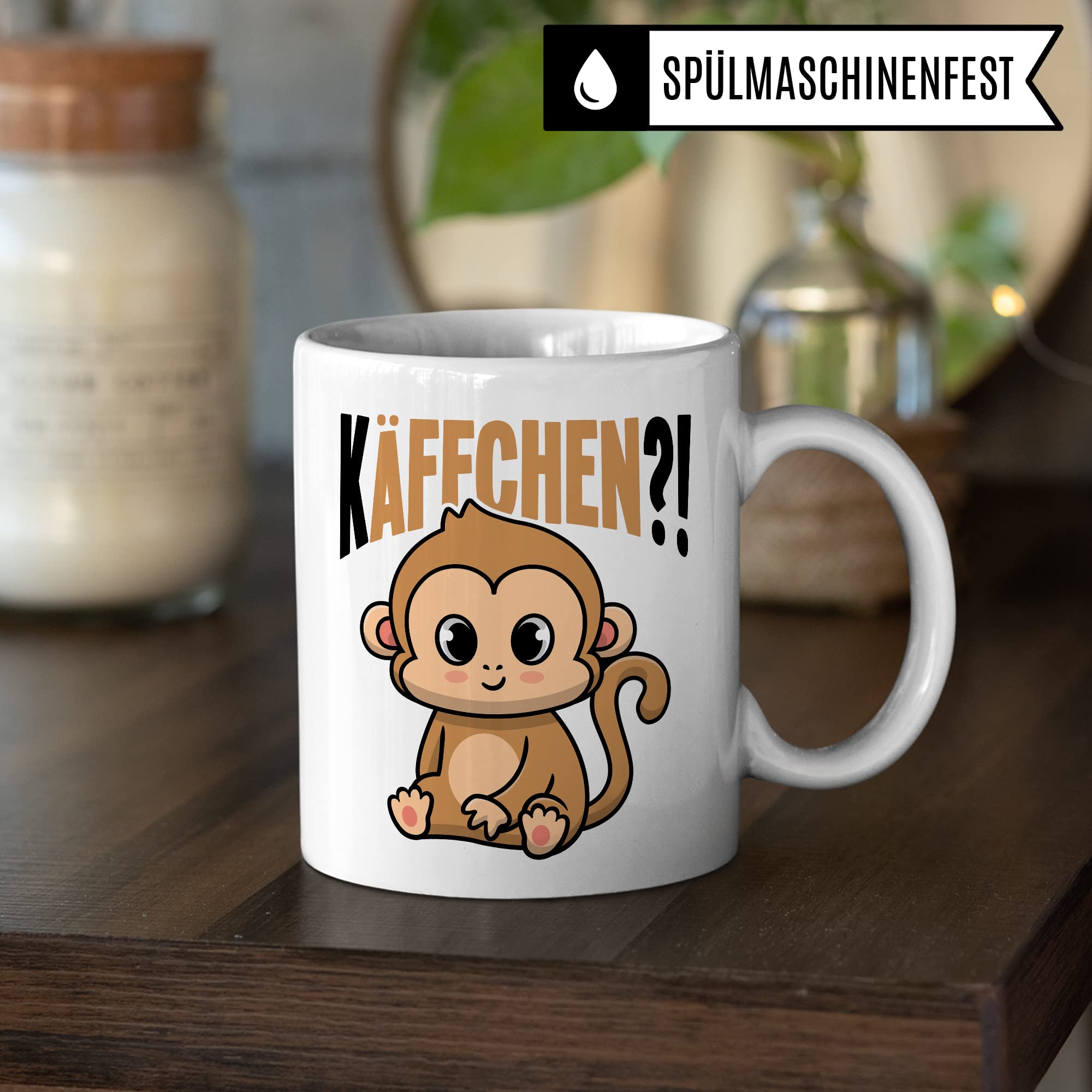 Käffchen Tasse Geschenk Kaffeetasse mit Spruch lustig Kaffee-Becher mit Affen-Motiv Teetasse Geschenkidee Kaffee-Liebhaber Kaffeetrinker und Kaffee-Fans Kaffee-Verehrer