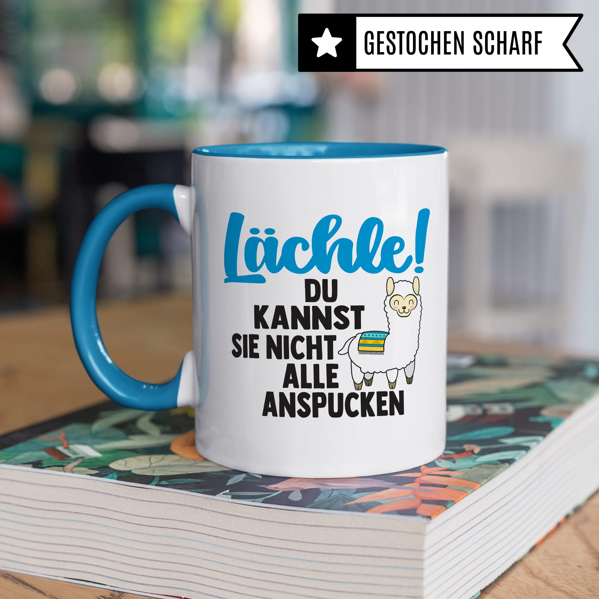 Tasse Lama Geschenk, Lächle! Du kannst sie nicht alle anspucken Geschenkidee Tasse mit Spruch lustig Kaffee-Becher Kaffeetasse Teetasse Humor Witz Witztasse Alpaka spucken