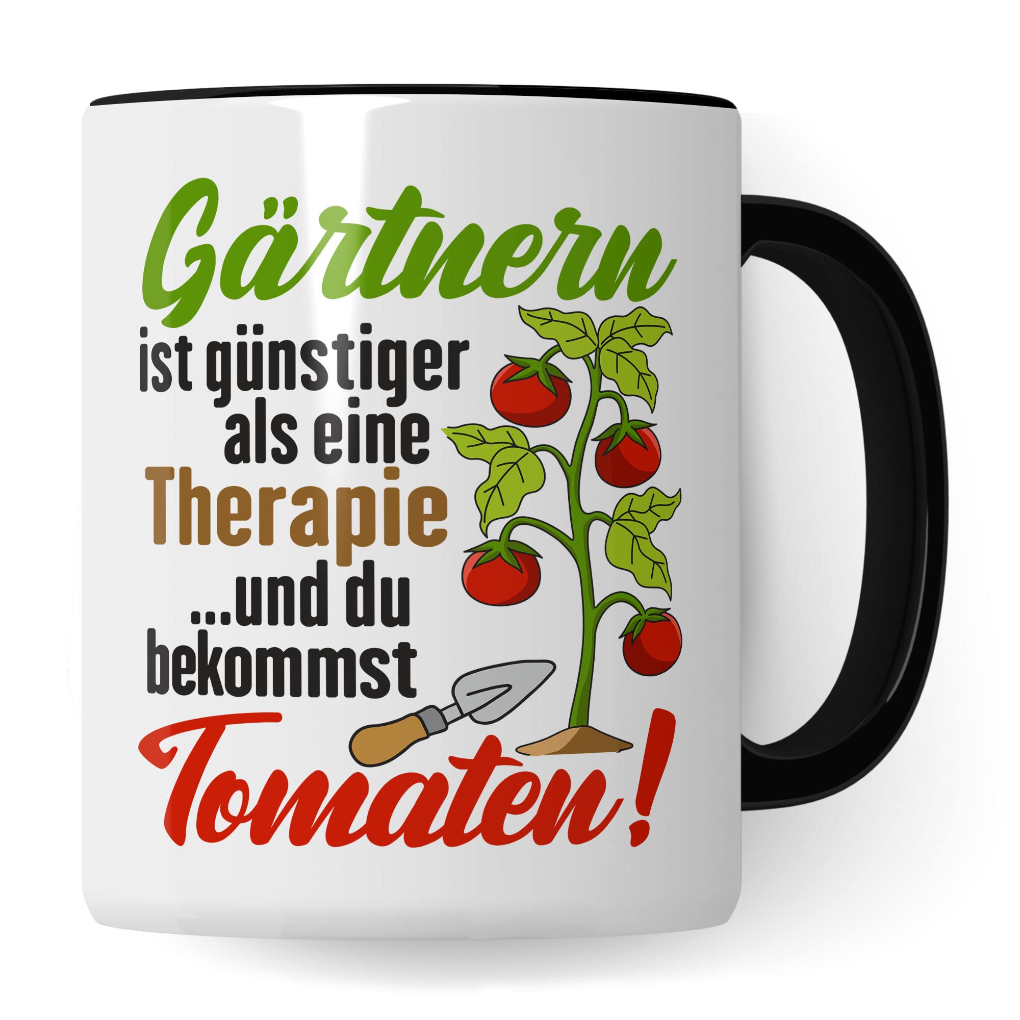 Garten Tasse, Gärtnern ist günstiger als eine Therapie - ...und du bekommst Tomaten!, Geschenk Gartenliebhaber Garten-Motiv Kaffeebecher Hobby-Gärtner Hobby-Gärtnerin, Tomaten-Pflanzen-Motiv Kaffeetasse