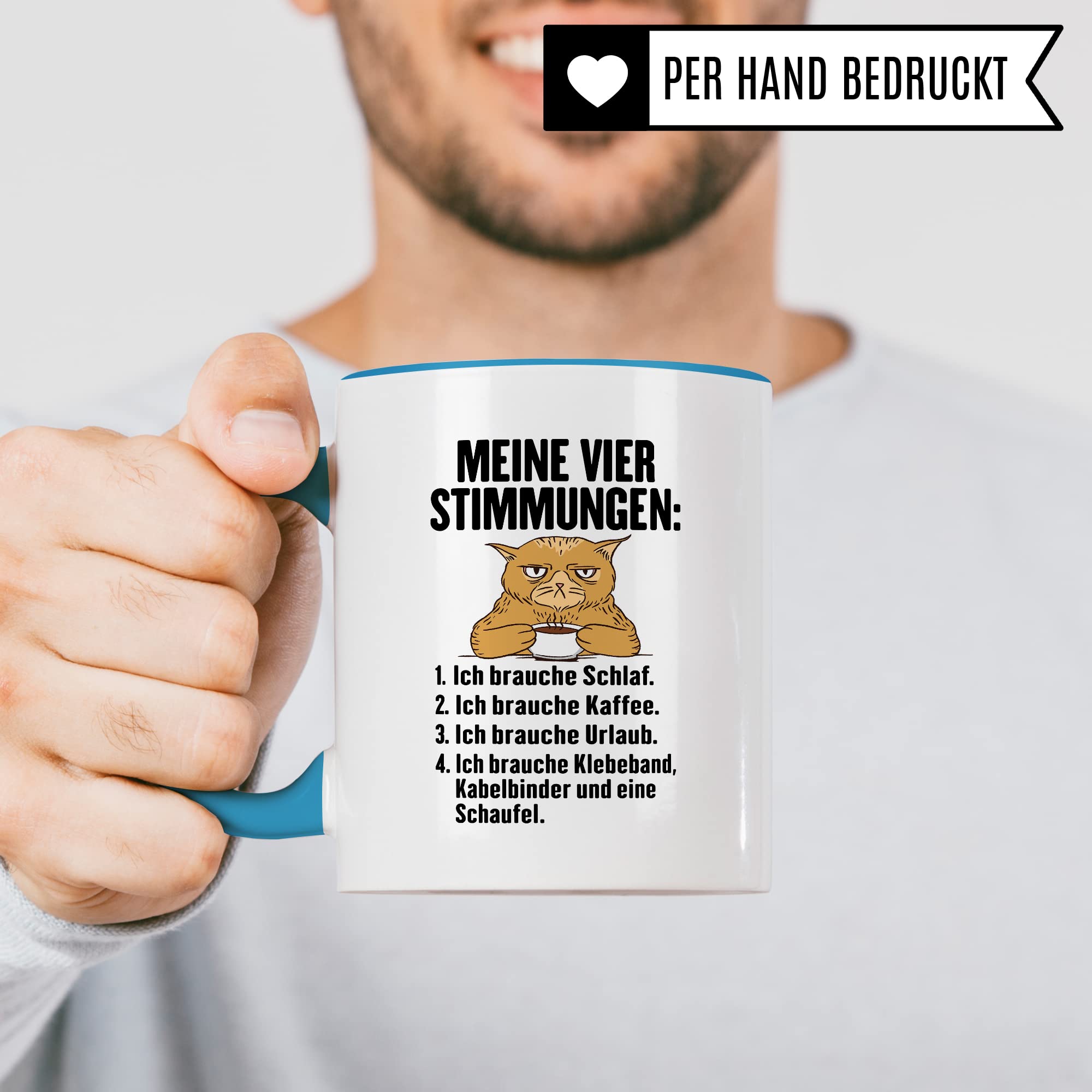 Tasse Humor Geschenk, Meine vier Stimmungen Kaffeetasse mit Spruch lustig Geschenkidee Kaffee-Becher Flachwitz humorvolle Teetasse Witzbold Humortasse