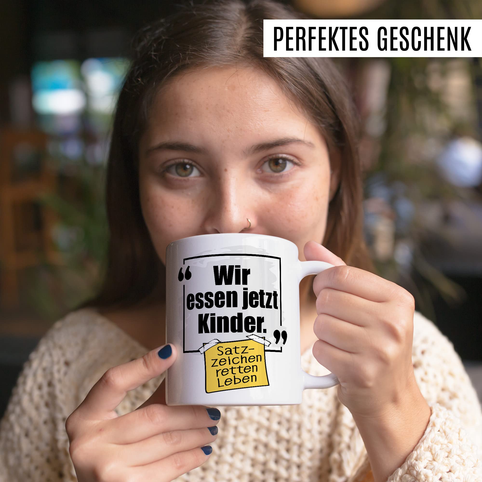 Lustige Tasse mit Spruch Kaffeetasse Grammatik Witz lustig Kaffee-Becher Zeichensetzung rettet Leben wir essen jetzt Kinder Interpunktion Deutsch